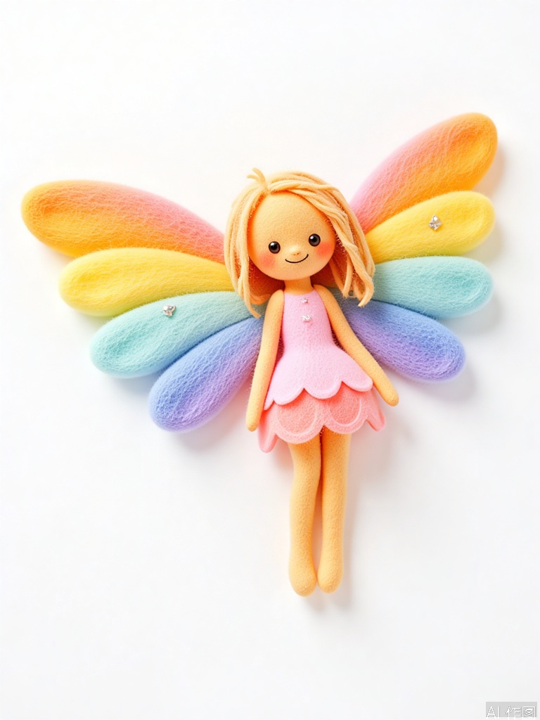 YMZ, a wool felt fairy with wings in a dreamy gradient, starting from shimmering gold at the tips and blending through soft pink, lavender, light blue, and finally clear like the morning sky. The fairy has sparkling eyes and a delicate, ethereal presence. The white background makes her look like she's just descended from the heavens.
