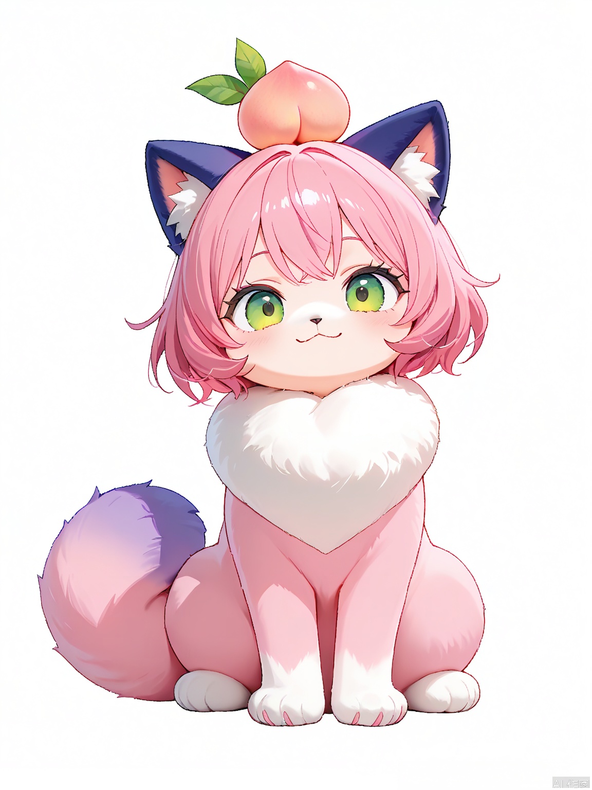 YMZ, a wool felt cat with fur in a whimsical gradient, beginning with deep blue at the head and transitioning through purple, pink, peach, and finally white at the paws. The cat has bright green eyes and a mischievous expression. The white background makes its colors even more striking.
