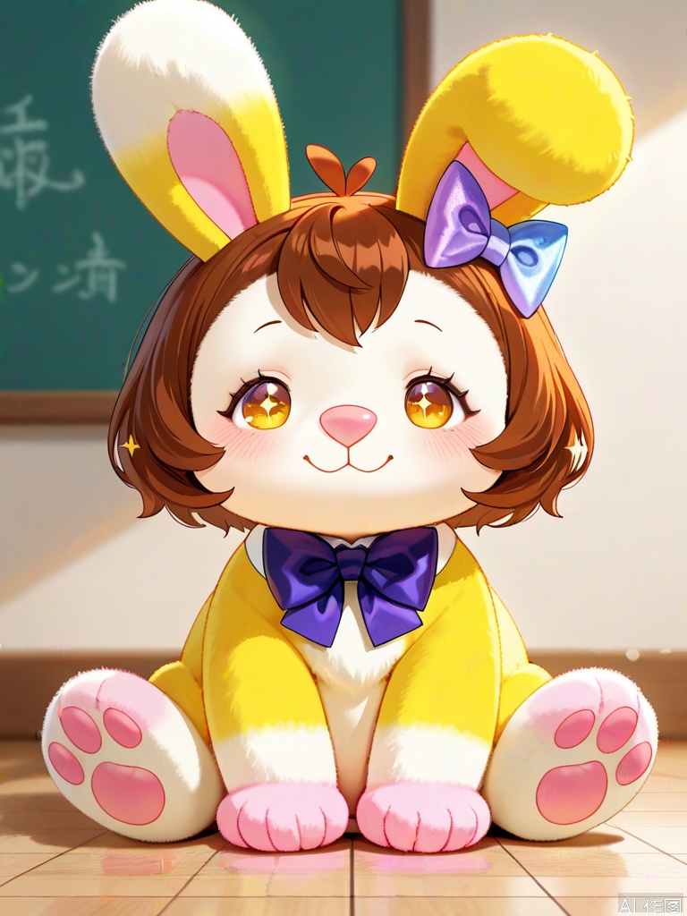 YMZ, a wool felt bunny with a gradient rainbow fur, starting from pink at the top and transitioning through peach, yellow, light green, sky blue, and lavender to the bottom. The bunny has a cream-colored belly, soft pink paws, and a tiny pink nose. Its eyes are dark brown and sparkling, and it wears a small lavender bow on its ear. The background is white, and the bunny sits centered, looking adorable.
