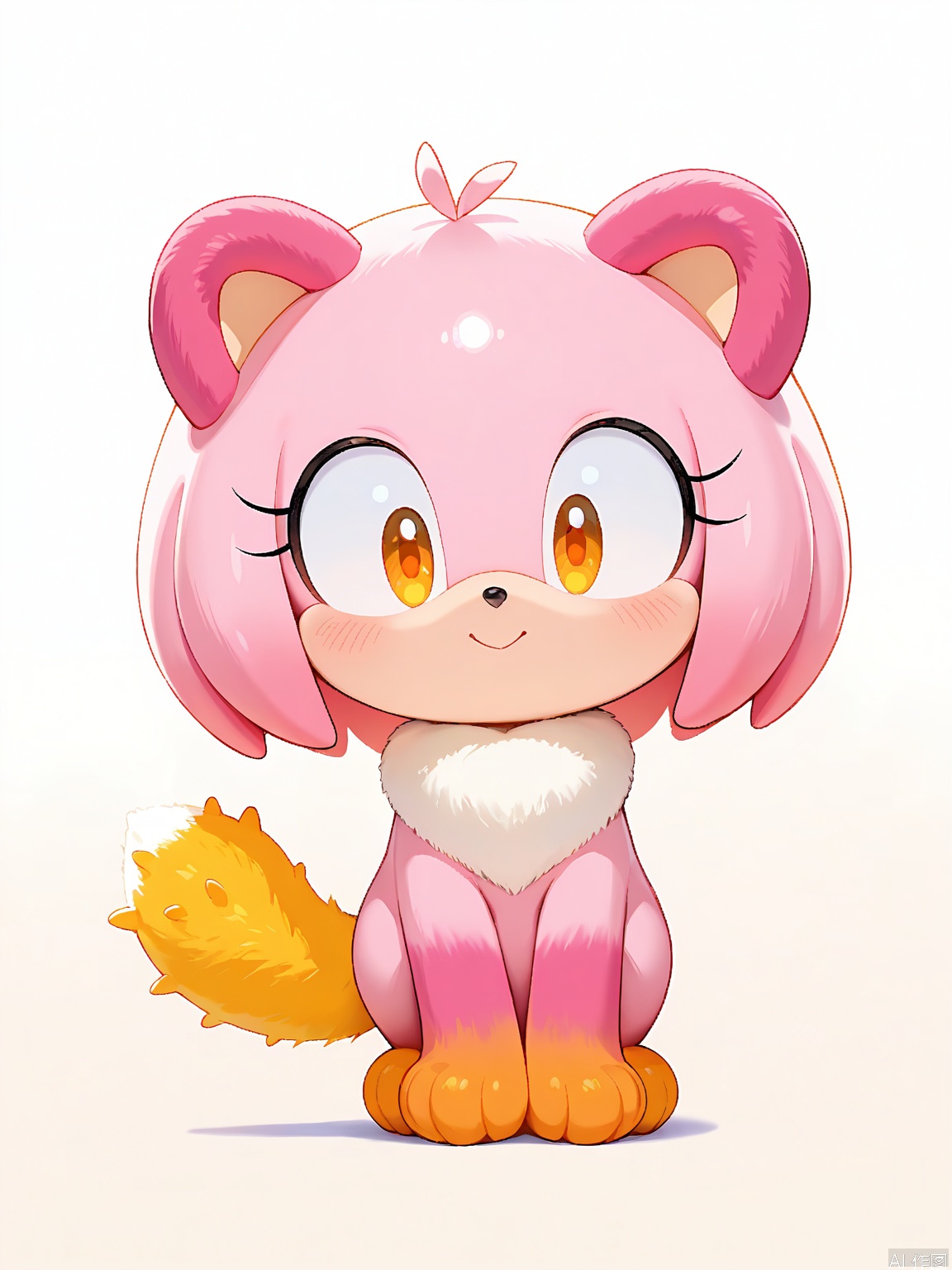 YMZ, a wool felt hedgehog with quills in a playful gradient, starting from bright pink at the nose and fading to coral, orange, tangerine, and finally yellow at the tail. The hedgehog has a creamy white belly and tiny pink paws. Its eyes are black and curious, peeking out from under its spiky quills. The white background makes it pop with color.
