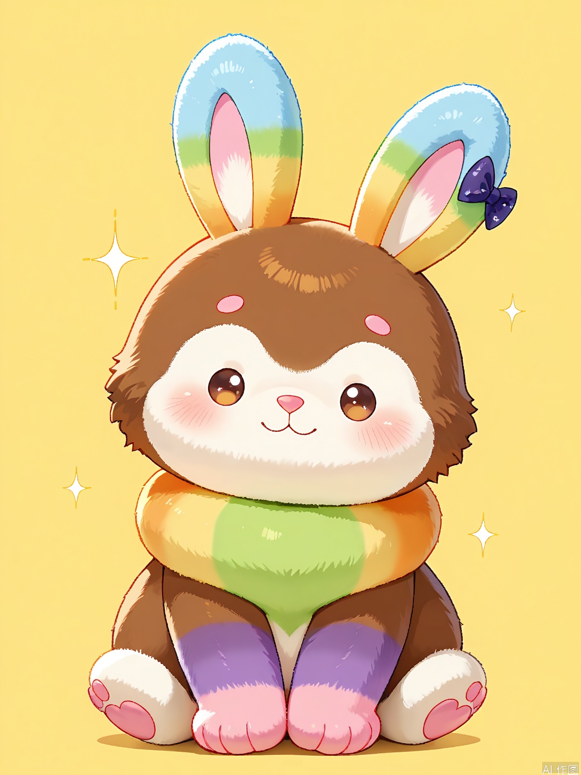 YMZ, a wool felt bunny with a gradient rainbow fur, starting from pink at the top and transitioning through peach, yellow, light green, sky blue, and lavender to the bottom. The bunny has a cream-colored belly, soft pink paws, and a tiny pink nose. Its eyes are dark brown and sparkling, and it wears a small lavender bow on its ear. The background is white, and the bunny sits centered, looking adorable.
