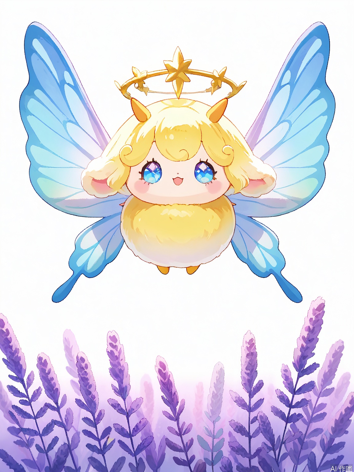 YMZ, a wool felt fairy with wings in a dreamy gradient, starting from shimmering gold at the tips and blending through soft pink, lavender, light blue, and finally clear like the morning sky. The fairy has sparkling eyes and a delicate, ethereal presence. The white background makes her look like she's just descended from the heavens.
