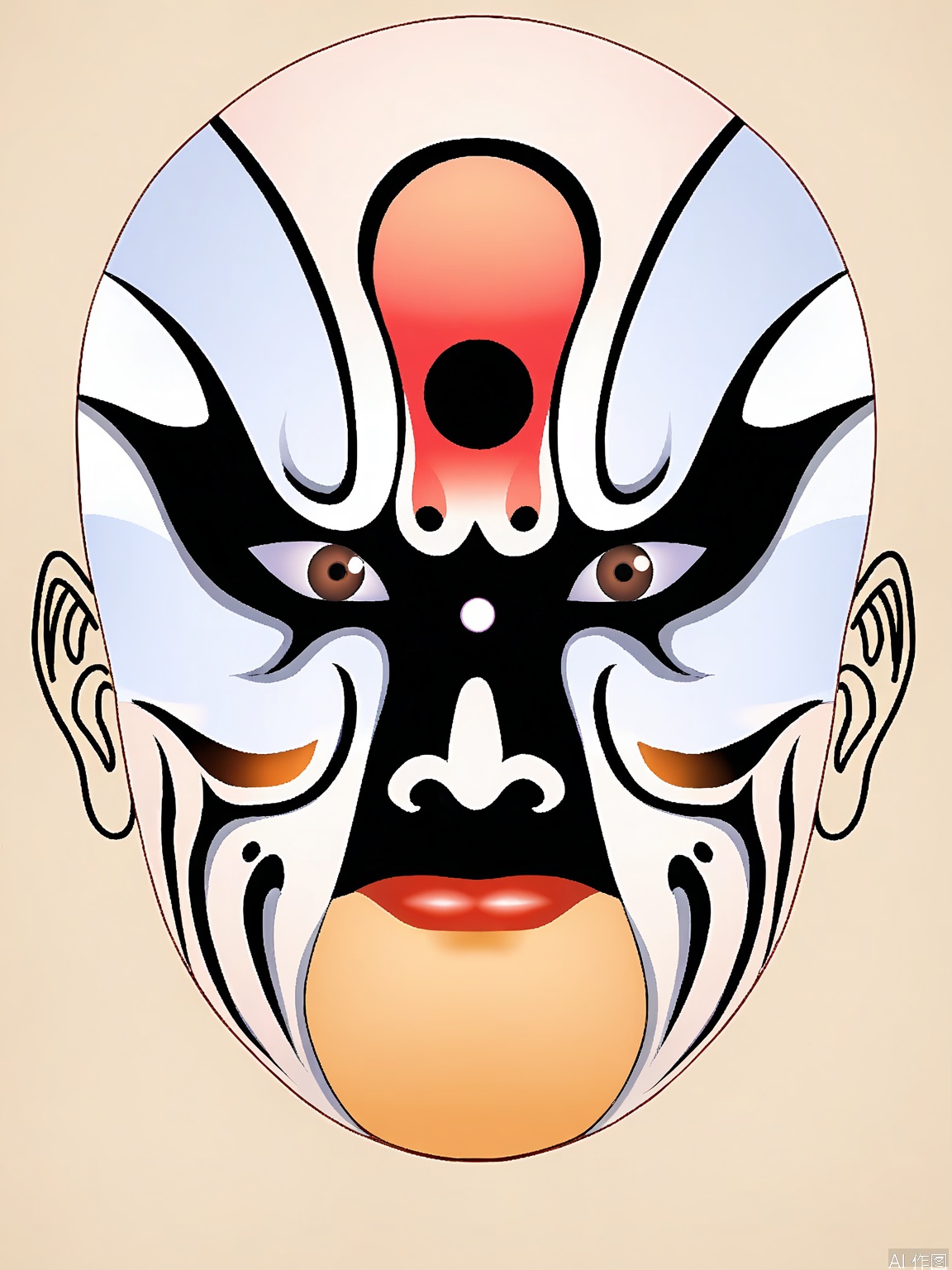 LP, A digital illustration of a traditional Chinese opera mask, featuring bold red and black colors. The mask has a central white yin-yang symbol on the forehead, with white and black swirling patterns around the eyes. The mouth is painted in a pale beige color. The background is plain white, emphasizing the mask's intricate design. The illustration style is clean and modern, with smooth shading and sharp lines.
