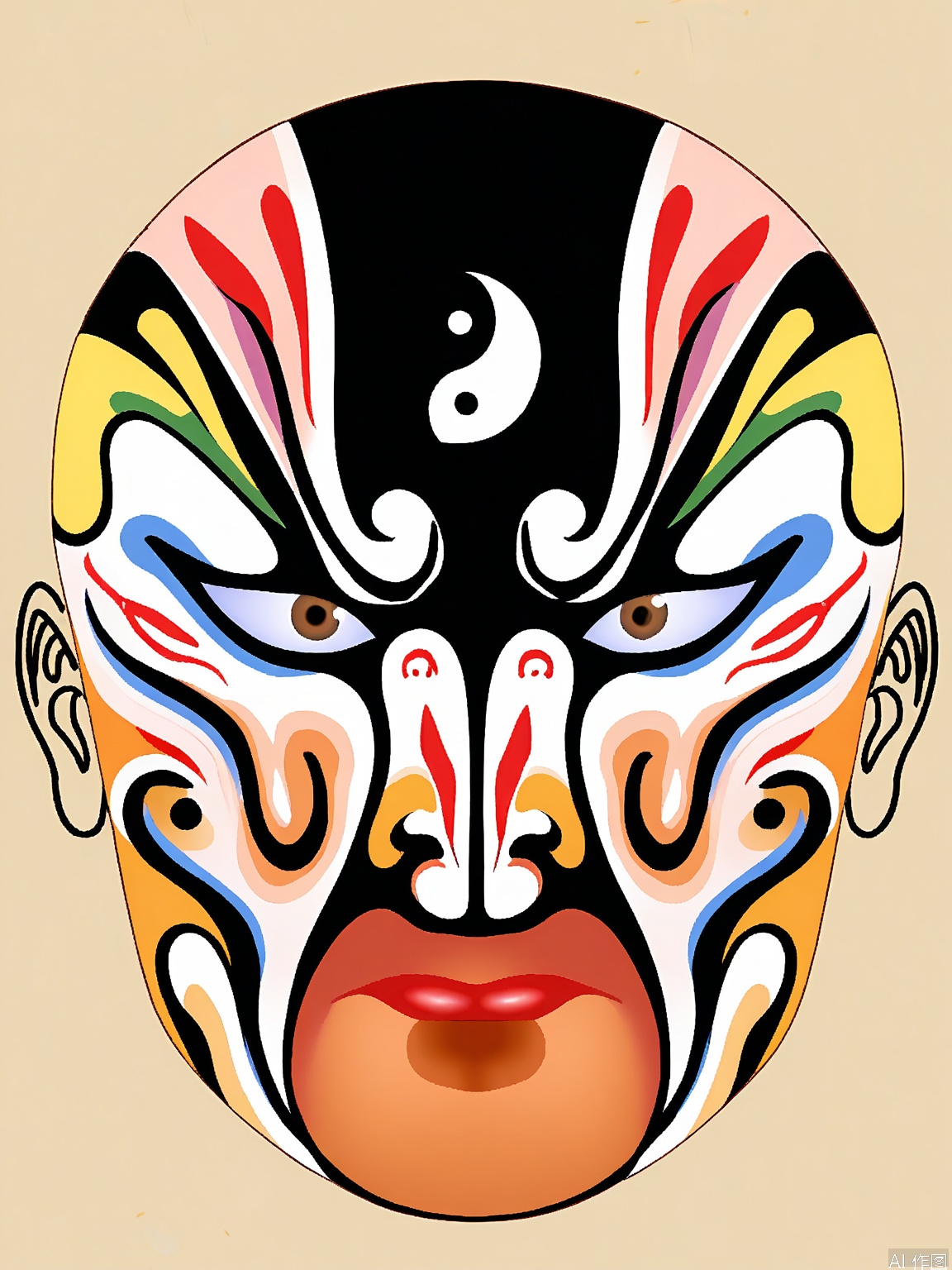 LP, A digital illustration of a traditional Chinese opera mask, featuring bold red and black colors. The mask has a central white yin-yang symbol on the forehead, with white and black swirling patterns around the eyes. The mouth is painted in a pale beige color. The background is plain white, emphasizing the mask's intricate design. The illustration style is clean and modern, with smooth shading and sharp lines.

