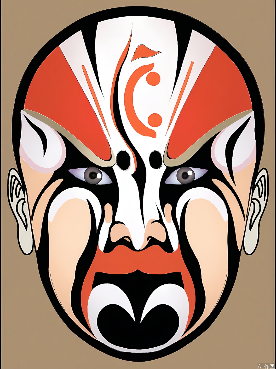 LP, A digital illustration of a traditional Chinese opera mask, featuring bold red and black colors. The mask has a central white yin-yang symbol on the forehead, with white and black swirling patterns around the eyes. The mouth is painted in a pale beige color. The background is plain white, emphasizing the mask's intricate design. The illustration style is clean and modern, with smooth shading and sharp lines.
