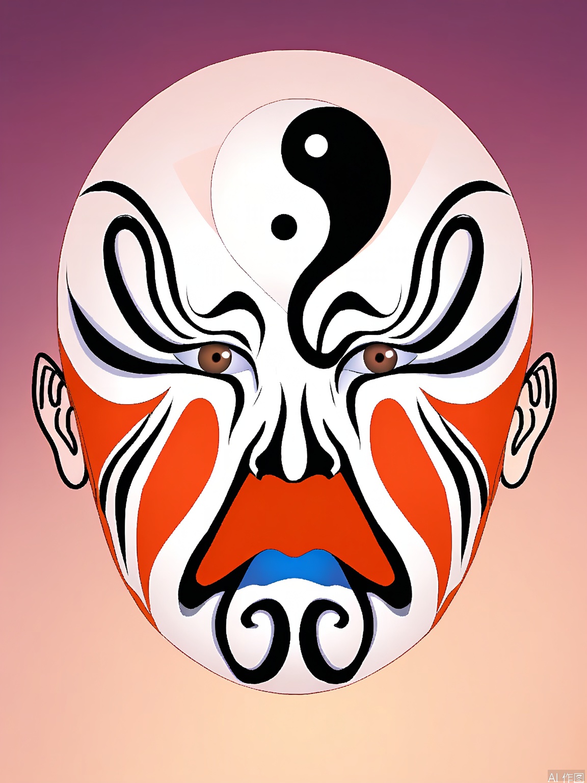 LP, A digital illustration of a traditional Chinese opera mask, featuring bold red and black colors. The mask has a central white yin-yang symbol on the forehead, with white and black swirling patterns around the eyes. The mouth is painted in a pale beige color. The background is plain white, emphasizing the mask's intricate design. The illustration style is clean and modern, with smooth shading and sharp lines.
