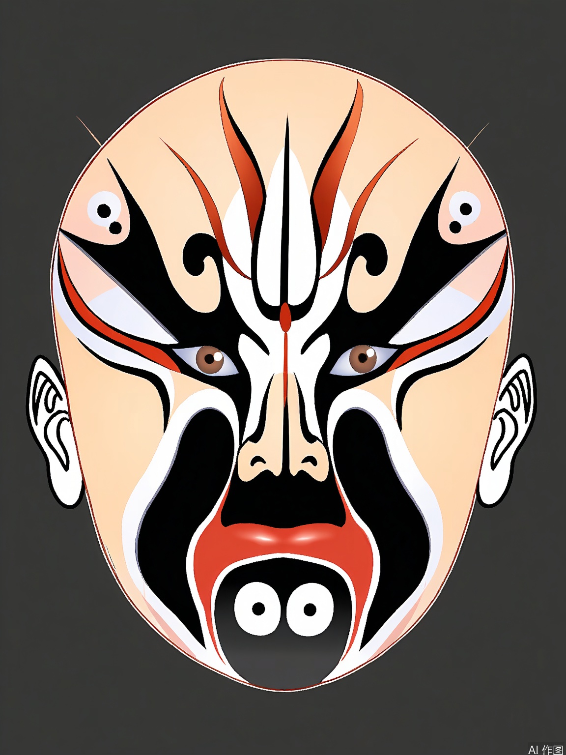 LP, A digital illustration of a traditional Chinese opera mask, featuring bold red and black colors. The mask has a central white yin-yang symbol on the forehead, with white and black swirling patterns around the eyes. The mouth is painted in a pale beige color. The background is plain white, emphasizing the mask's intricate design. The illustration style is clean and modern, with smooth shading and sharp lines.
