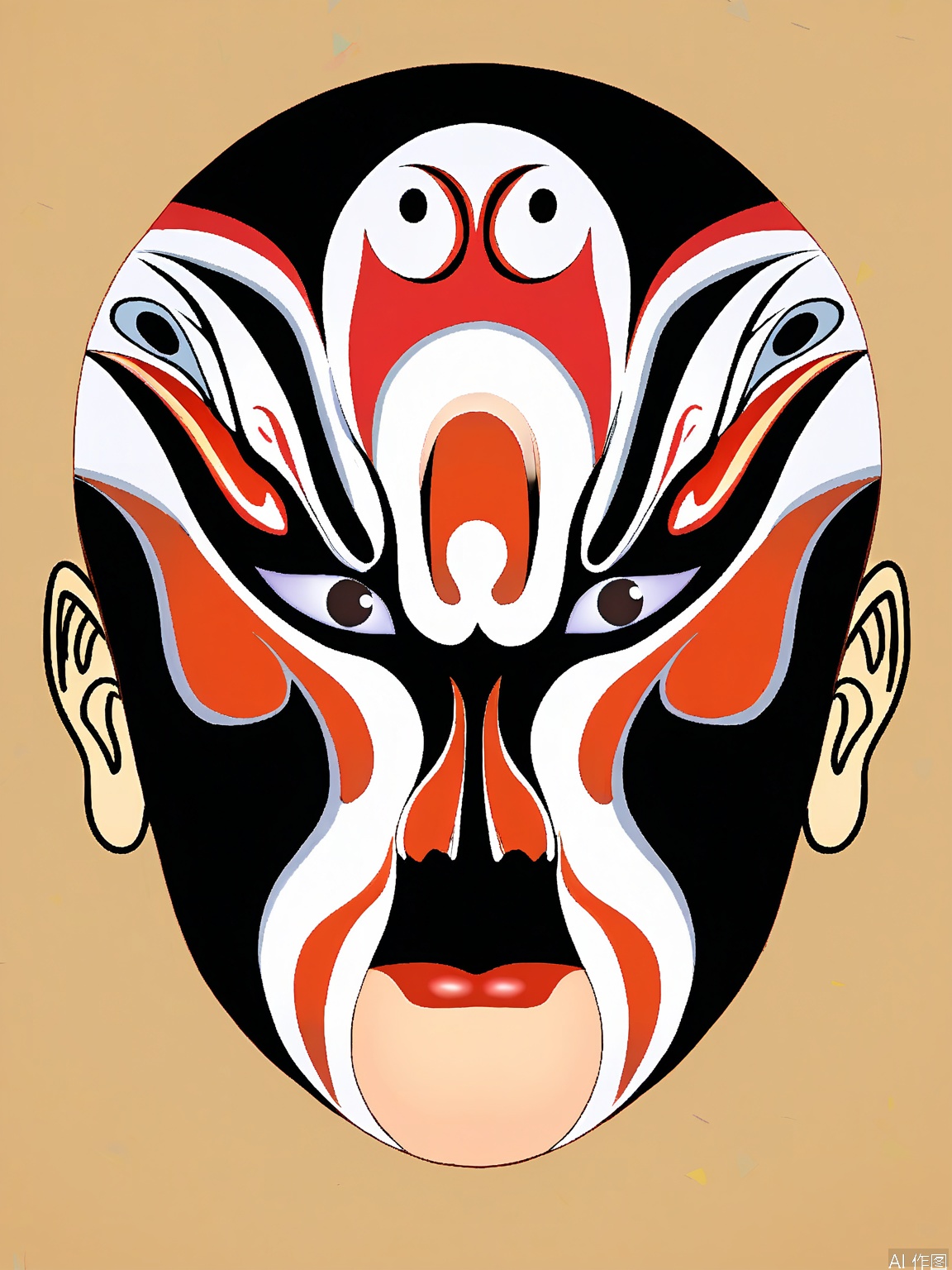 LP, A digital illustration of a traditional Chinese opera mask, featuring bold red and black colors. The mask has a central white yin-yang symbol on the forehead, with white and black swirling patterns around the eyes. The mouth is painted in a pale beige color. The background is plain white, emphasizing the mask's intricate design. The illustration style is clean and modern, with smooth shading and sharp lines.
