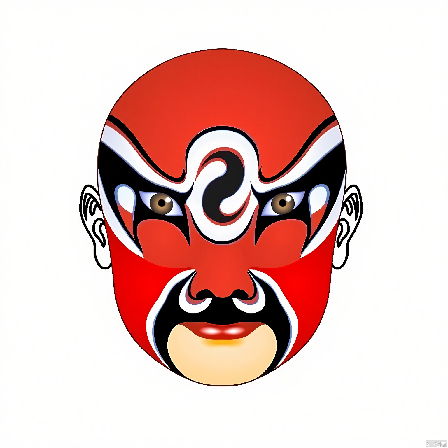 LP, A digital illustration of a traditional Chinese opera mask, featuring bold red and black colors. The mask has a central white yin-yang symbol on the forehead, with white and black swirling patterns around the eyes. The mouth is painted in a pale beige color. The background is plain white, emphasizing the mask's intricate design. The illustration style is clean and modern, with smooth shading and sharp lines.