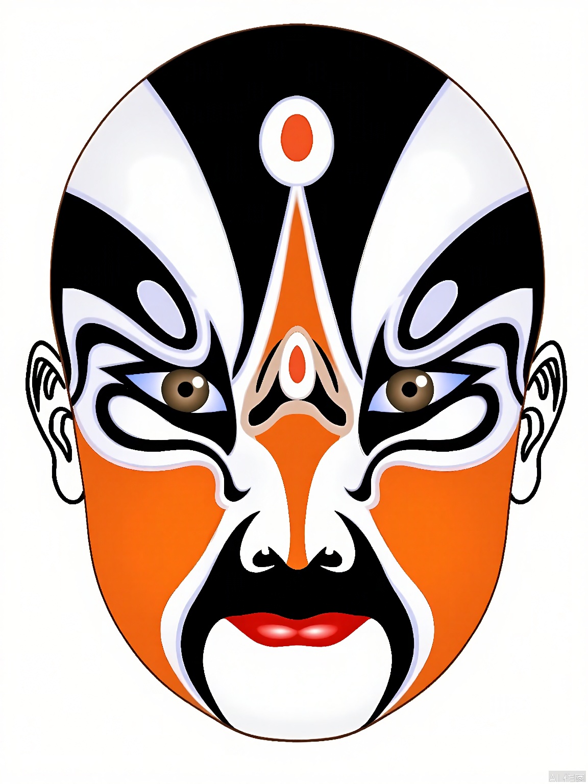 LP, A stylized digital drawing of a person's face, primarily in black, white, and orange colors. The face is adorned with intricate, symmetrical patterns resembling traditional face paint. The eyes are large and almond-shaped, with a small black dot in the center of each eye. The nose is small and pointed, with a white dot at the tip. The mouth is closed, with a small, red oval shape representing the lips. The background is plain white, and the overall style is reminiscent of traditional Asian art.