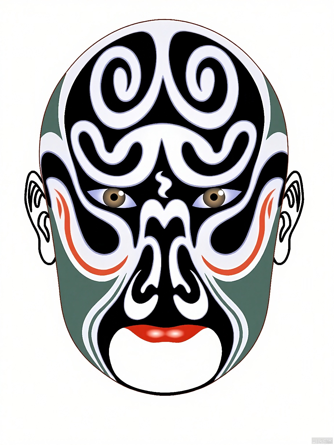LP, A digital artwork of a stylized, abstract face with intricate black, white, and red patterns. The face has a large, circular shape with swirling designs and symmetrical features. The eyes are small and almond-shaped, with a white, intricate pattern above them. The mouth is a simple line with red and white colors. The background is white, making the face stand out prominently. The style is reminiscent of traditional Asian art, with a modern twist. The overall design is clean and bold, with a strong contrast between the black and white elements.