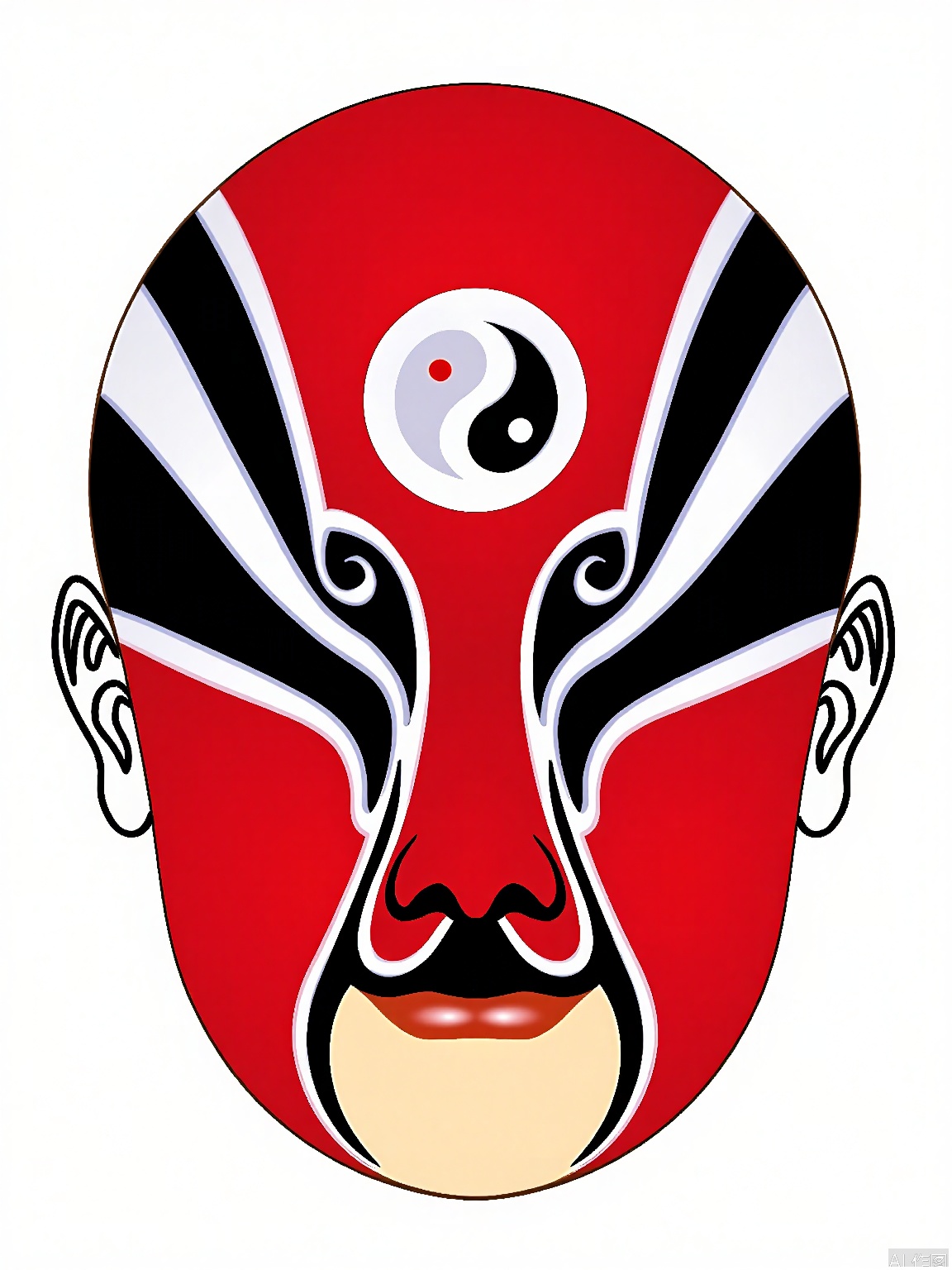 LP, A digital illustration of a traditional Chinese opera mask, featuring bold red and black colors. The mask has a central white yin-yang symbol on the forehead, with white and black swirling patterns around the eyes. The mouth is painted in a pale beige color. The background is plain white, emphasizing the mask's intricate design. The illustration style is clean and modern, with smooth shading and sharp lines.
