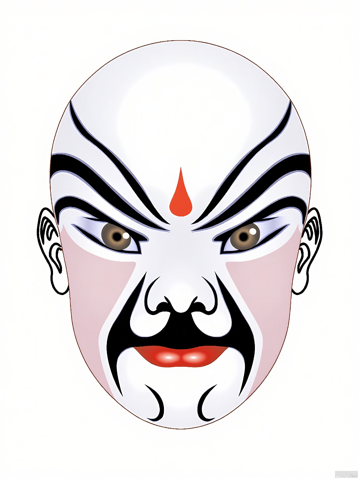 LP, Digital illustration of a traditional Chinese opera mask, white with black stripes, red lips, and a red dot on the forehead. The mask has a calm, serene expression with slightly narrowed eyes. The background is plain white, and the style is clean and minimalist. The mask is centered in the frame, with no other objects or people in the image.