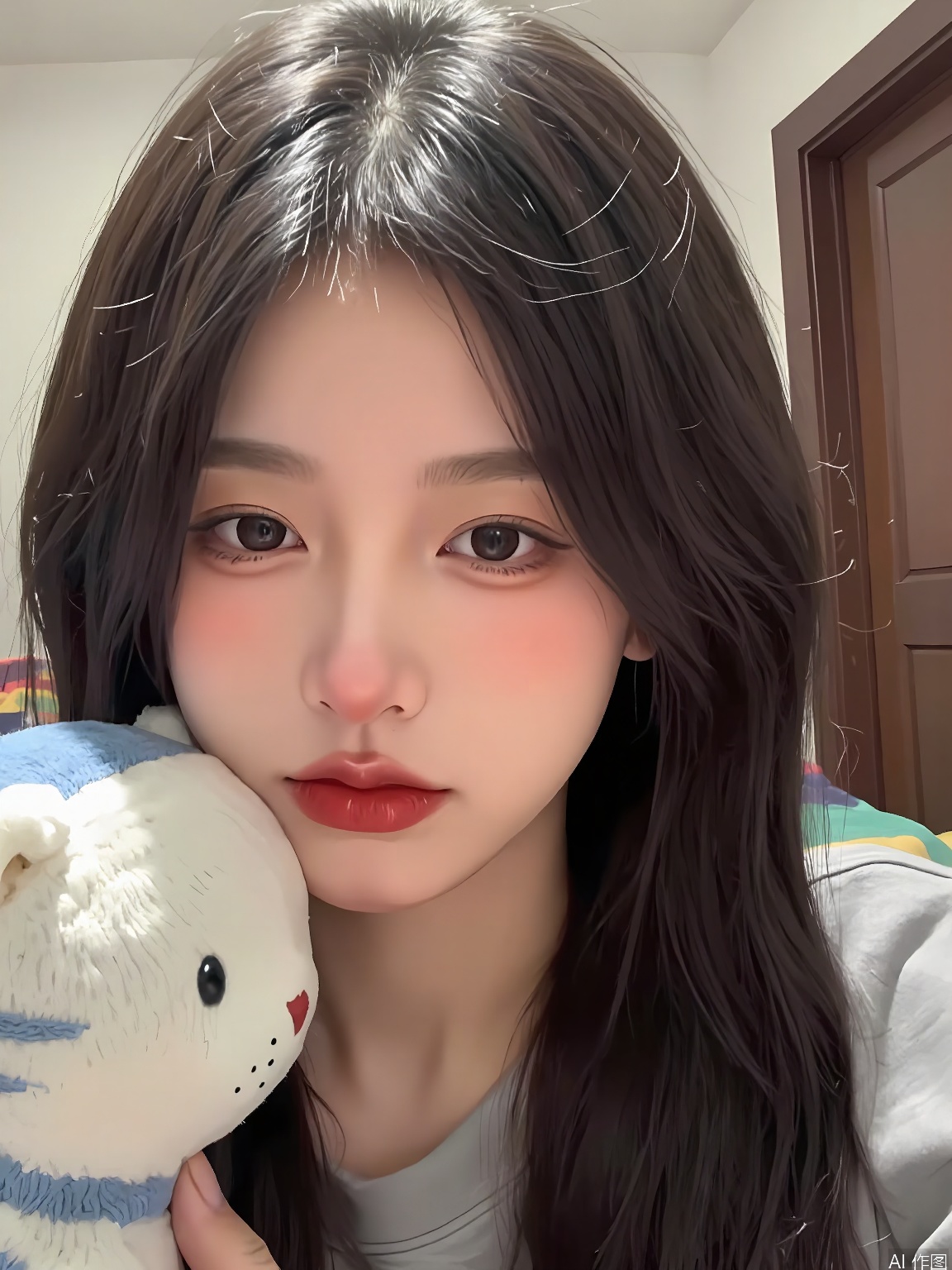 WHTX, A photograph of a young woman with long, straight black hair, wearing a grey top. She is holding a plush toy resembling a cat, with a white body and blue stripes, close to her face. Her expression is neutral, with slightly parted lips and red lipstick. The background shows a bed with colorful sheets and a wall with a door. The lighting is soft and natural, coming from the left side of the image. The overall tone is casual and intimate.