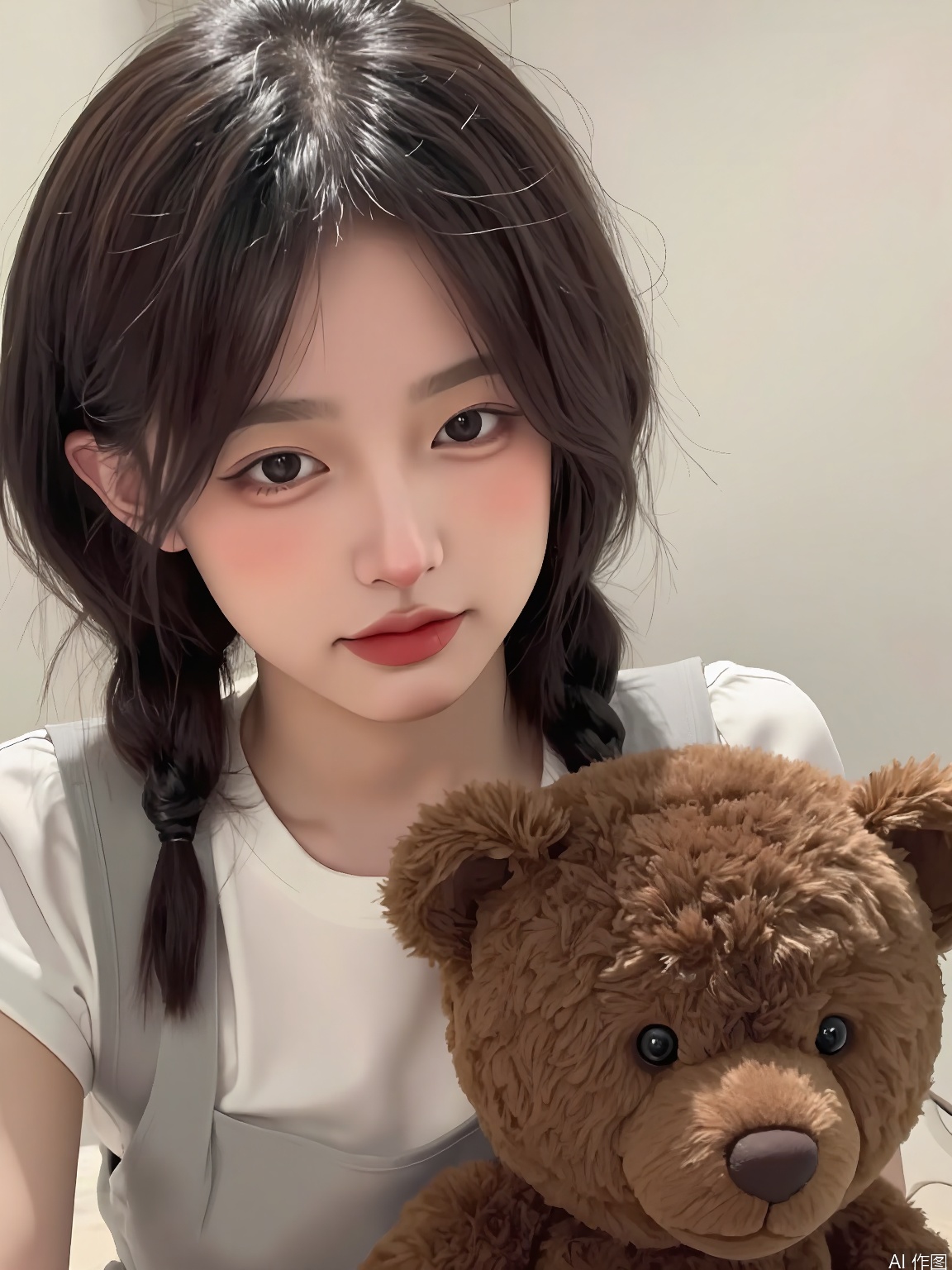 WHTX, A young woman with long black hair styled in two braids is sitting on a bed, holding a brown teddy bear close to her chest. She has a neutral expression and is wearing a white shirt with a grey sleeveless vest. The background is a simple bedroom with light-colored walls and a white bedspread. The image has a soft, warm lighting and a casual, intimate feel.
