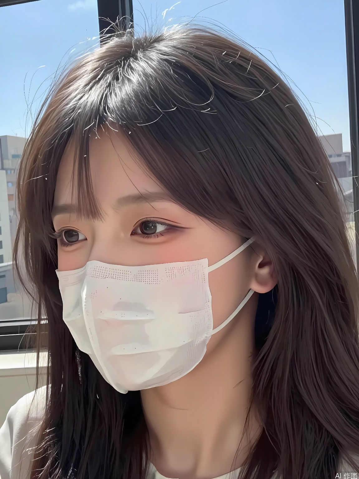 WHTX, A close-up photograph of a woman with long, straight brown hair, wearing a white face mask covering her nose and mouth. She has bangs and is looking slightly off to the side. The lighting is bright and natural, coming from the left side of the frame. Behind her, there is a large window with a view of a cityscape with buildings and a clear blue sky. The woman is wearing a light-colored top, and the overall atmosphere is bright and sunny.