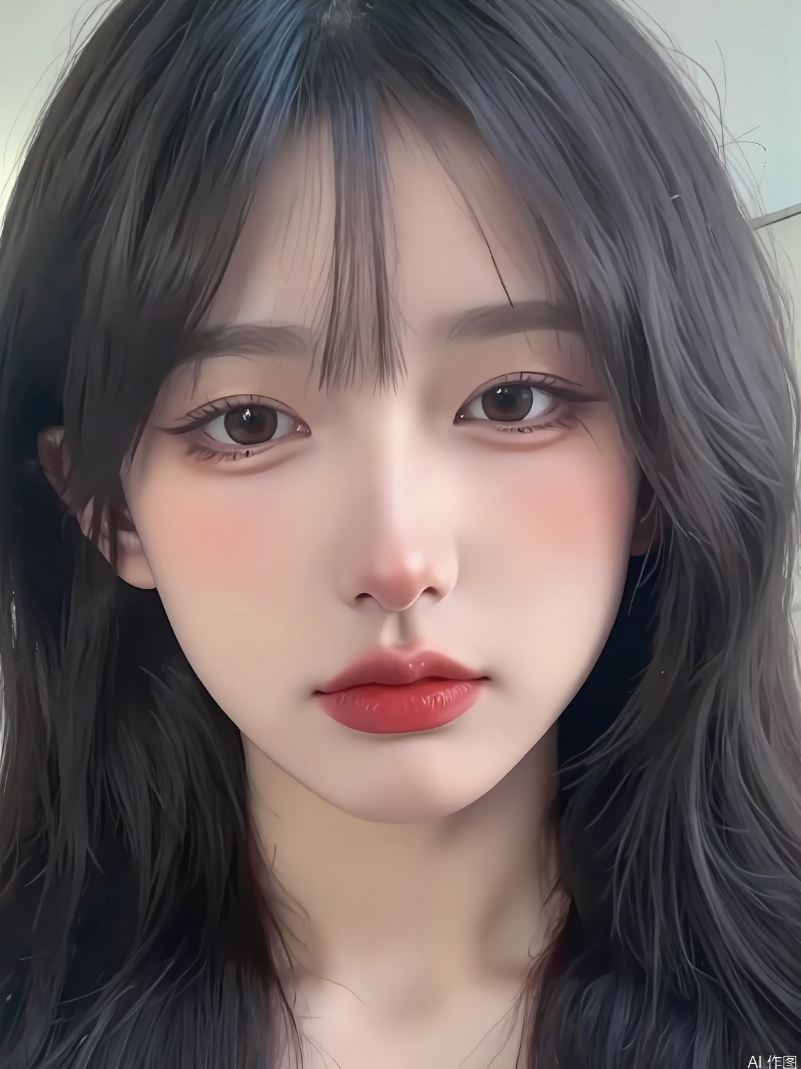 WHTX, Close-up photograph of a young woman with long, straight black hair and bangs. She has fair skin and is wearing bold, red lipstick. Her eyes are accentuated with dramatic, winged eyeliner. The lighting is soft and natural, highlighting her face. She has a neutral expression with slightly parted lips. The background is out of focus and light-colored, creating a gentle contrast with her features. The overall aesthetic is modern and minimalistic, focusing on her striking makeup and natural beauty.