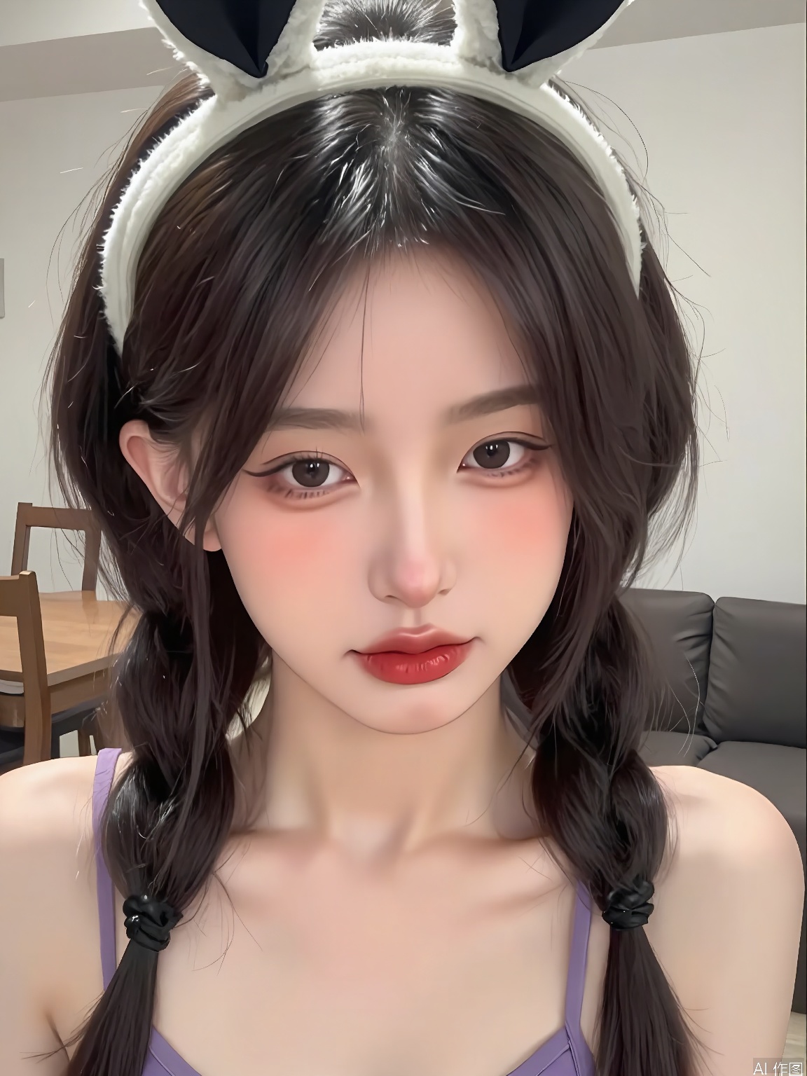 WHTX, Close-up photograph of a young woman with fair skin, wearing a purple bra, and a white cat ear headband with a black bow. She has long, dark hair styled in two braids, and is looking directly at the camera with a neutral expression. Her makeup includes soft eyeshadow and red lipstick. The background is a simple indoor setting with a wooden table and chairs, and a couch. The lighting is soft and natural, coming from the left side. The overall aesthetic is casual and relaxed.