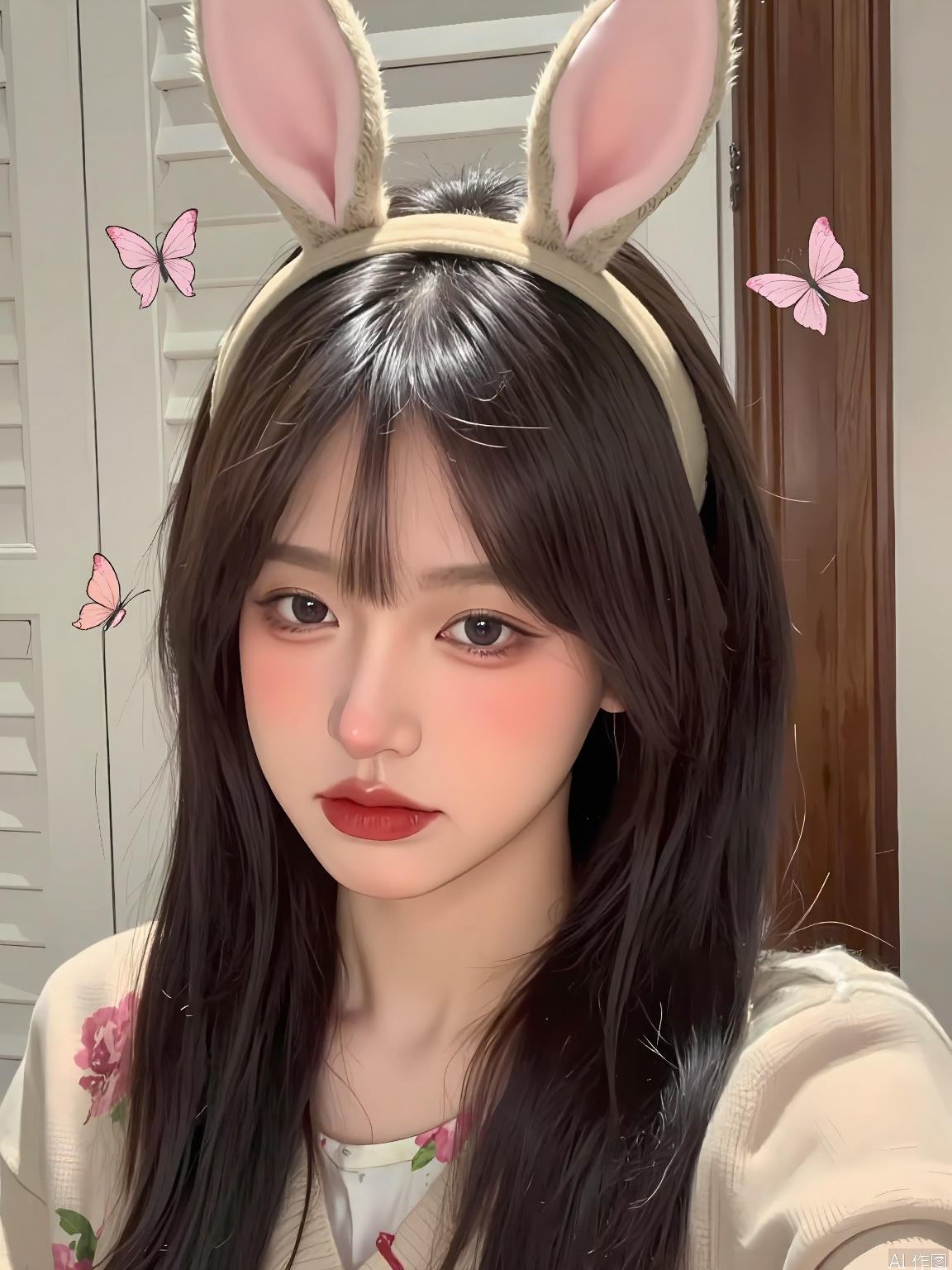 WHTX, Photo of a young woman with long, straight brown hair and bangs, wearing a beige headband with a cat ear design, and a beige cardigan with a floral pattern. She has a neutral expression, red lipstick, and light makeup with subtle eyeshadow. The background is a white wooden shutter door with a wooden trim. The image has a playful, cute aesthetic with cartoon-style butterflies added to the photo, giving it a whimsical touch.