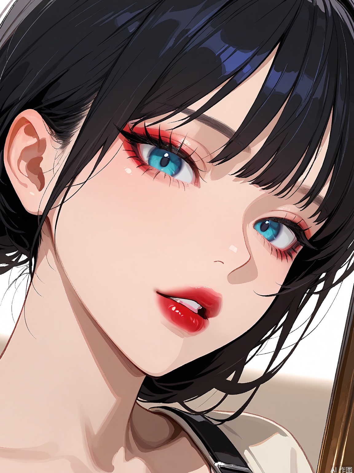 WHTX, Close-up photograph of a young woman with long, straight black hair and bangs. She has fair skin and is wearing bold, red lipstick. Her eyes are accentuated with dramatic, winged eyeliner. The lighting is soft and natural, highlighting her face. She has a neutral expression with slightly parted lips. The background is out of focus and light-colored, creating a gentle contrast with her features. The overall aesthetic is modern and minimalistic, focusing on her striking makeup and natural beauty.
