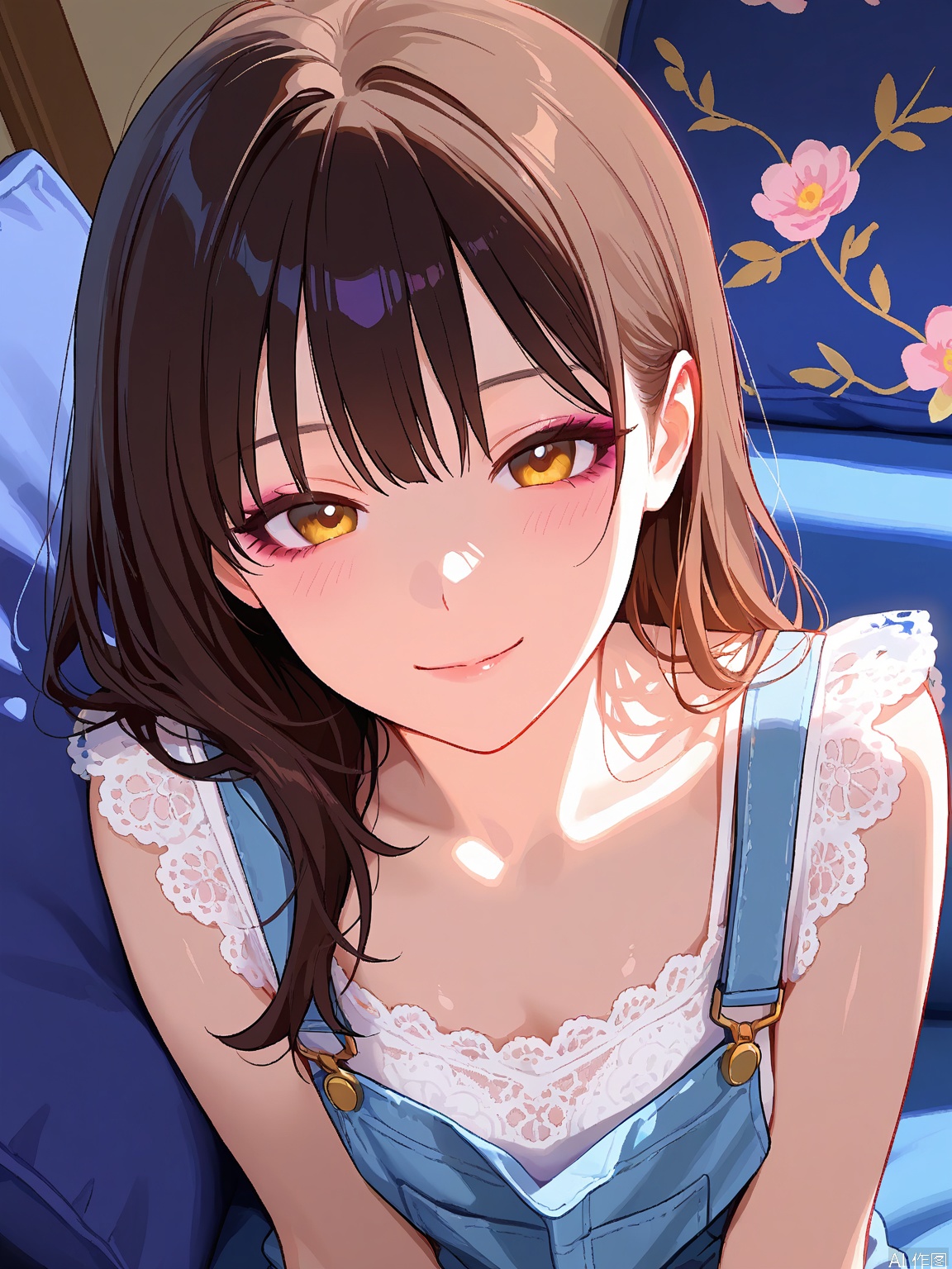 WHTX, Photograph of a young woman with a soft, dreamy expression, sitting in a sunlit room. She has long, dark hair styled in loose waves, and is wearing a delicate, white lace top. The background features a floral patterned pillow with large, pink and white flowers on a blue cushion. The lighting creates a warm, golden glow on her face, highlighting her fair skin and subtle makeup. The overall mood is serene and intimate, with a vintage, cozy aesthetic.
