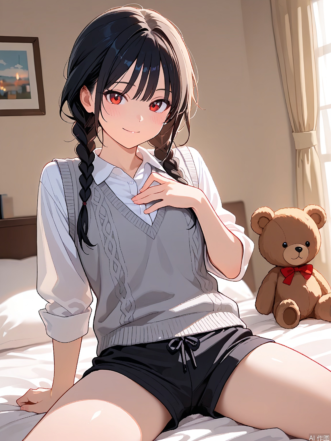 WHTX, A young woman with long black hair styled in two braids is sitting on a bed, holding a brown teddy bear close to her chest. She has a neutral expression and is wearing a white shirt with a grey sleeveless vest. The background is a simple bedroom with light-colored walls and a white bedspread. The image has a soft, warm lighting and a casual, intimate feel.
