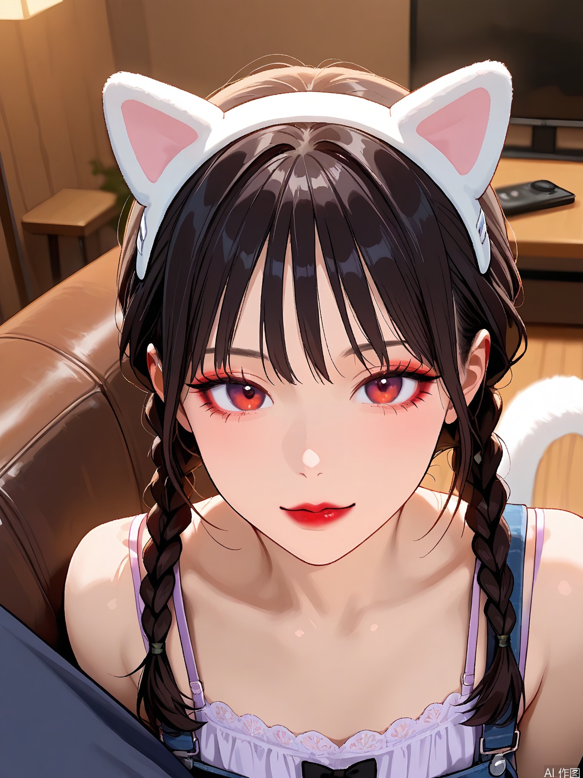 WHTX, Close-up photograph of a young woman with fair skin, wearing a purple bra, and a white cat ear headband with a black bow. She has long, dark hair styled in two braids, and is looking directly at the camera with a neutral expression. Her makeup includes soft eyeshadow and red lipstick. The background is a simple indoor setting with a wooden table and chairs, and a couch. The lighting is soft and natural, coming from the left side. The overall aesthetic is casual and relaxed.
