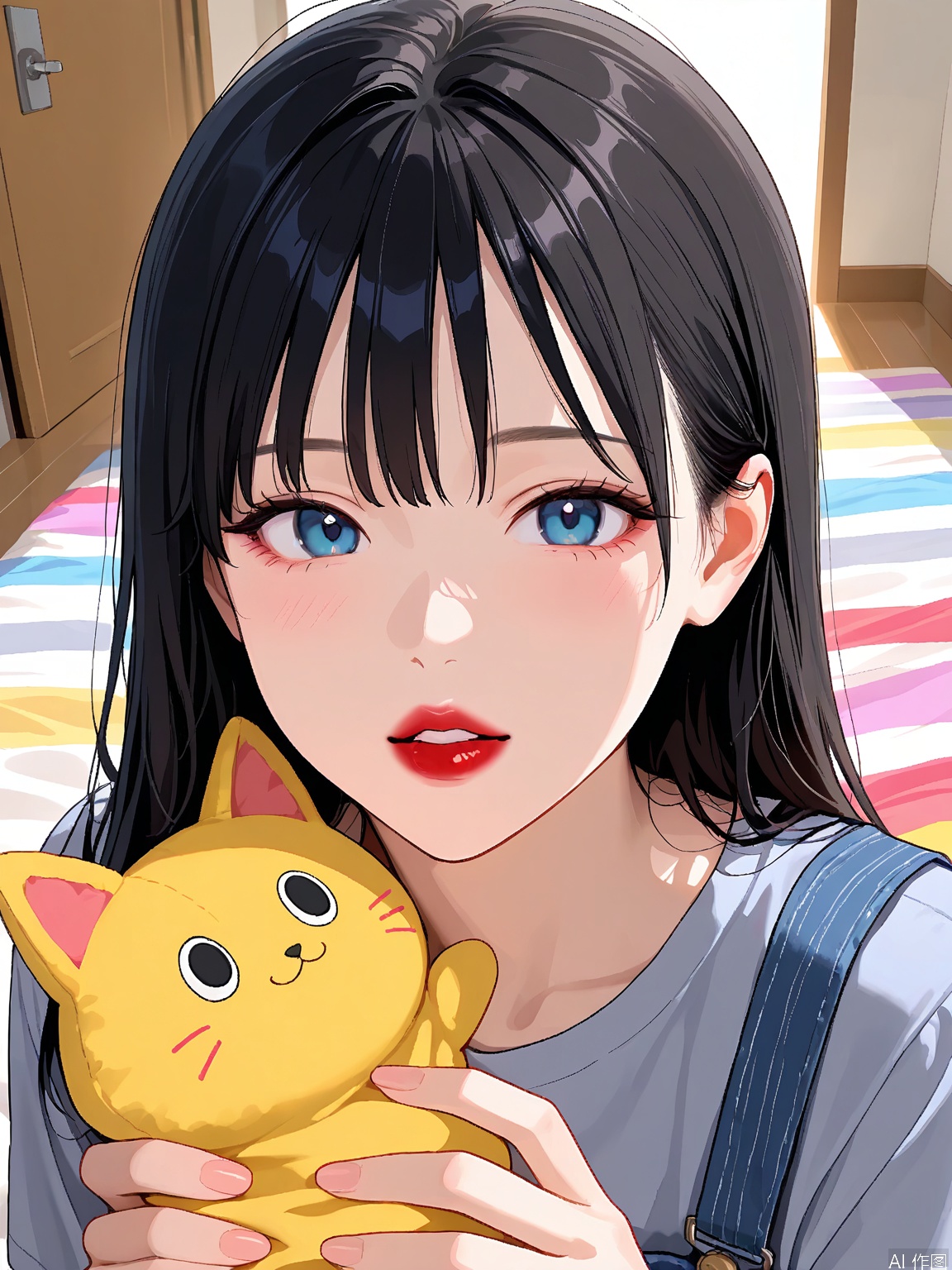WHTX, A photograph of a young woman with long, straight black hair, wearing a grey top. She is holding a plush toy resembling a cat, with a white body and blue stripes, close to her face. Her expression is neutral, with slightly parted lips and red lipstick. The background shows a bed with colorful sheets and a wall with a door. The lighting is soft and natural, coming from the left side of the image. The overall tone is casual and intimate.
