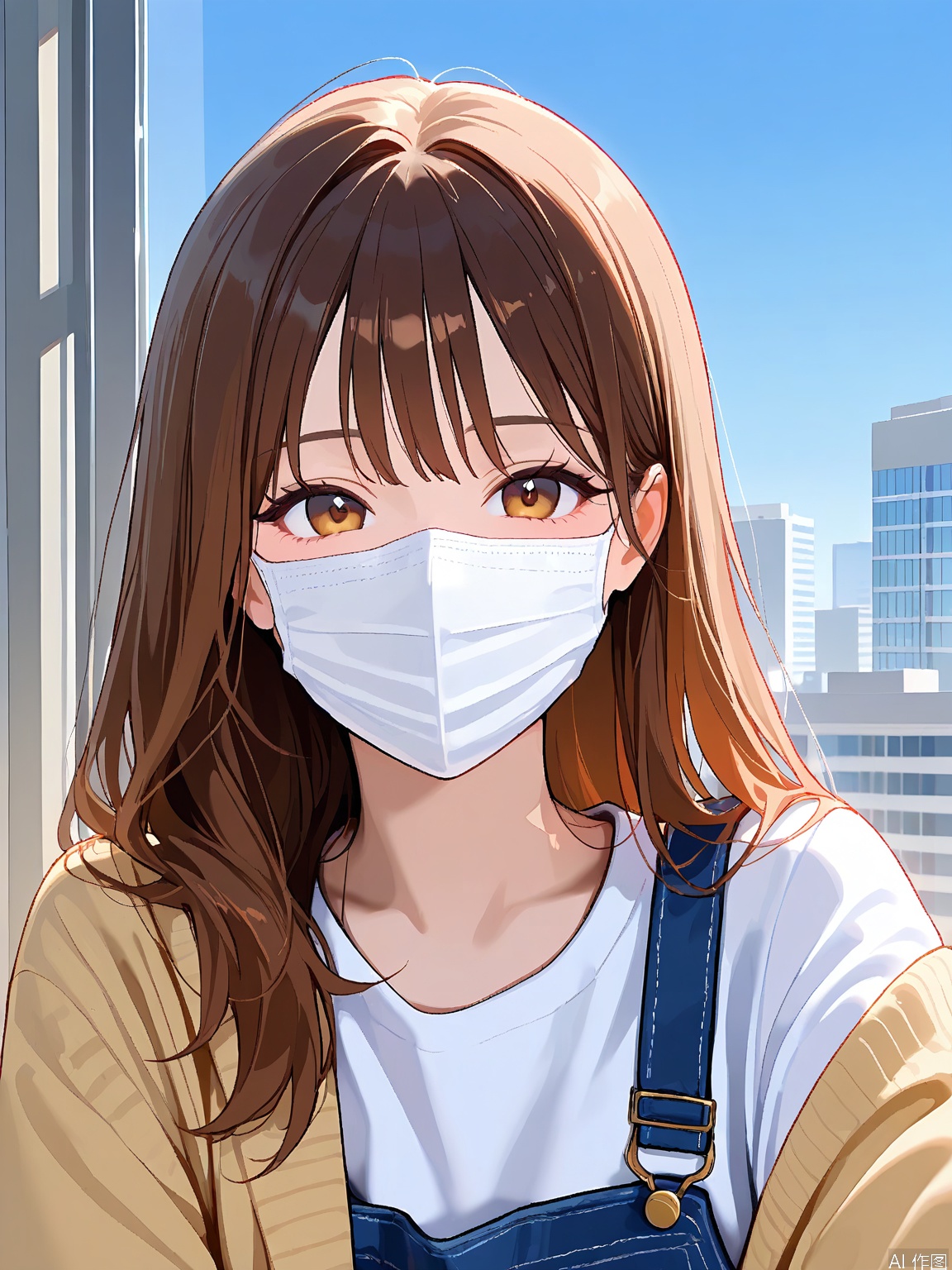 WHTX, A close-up photograph of a woman with long, straight brown hair, wearing a white face mask covering her nose and mouth. She has bangs and is looking slightly off to the side. The lighting is bright and natural, coming from the left side of the frame. Behind her, there is a large window with a view of a cityscape with buildings and a clear blue sky. The woman is wearing a light-colored top, and the overall atmosphere is bright and sunny.
