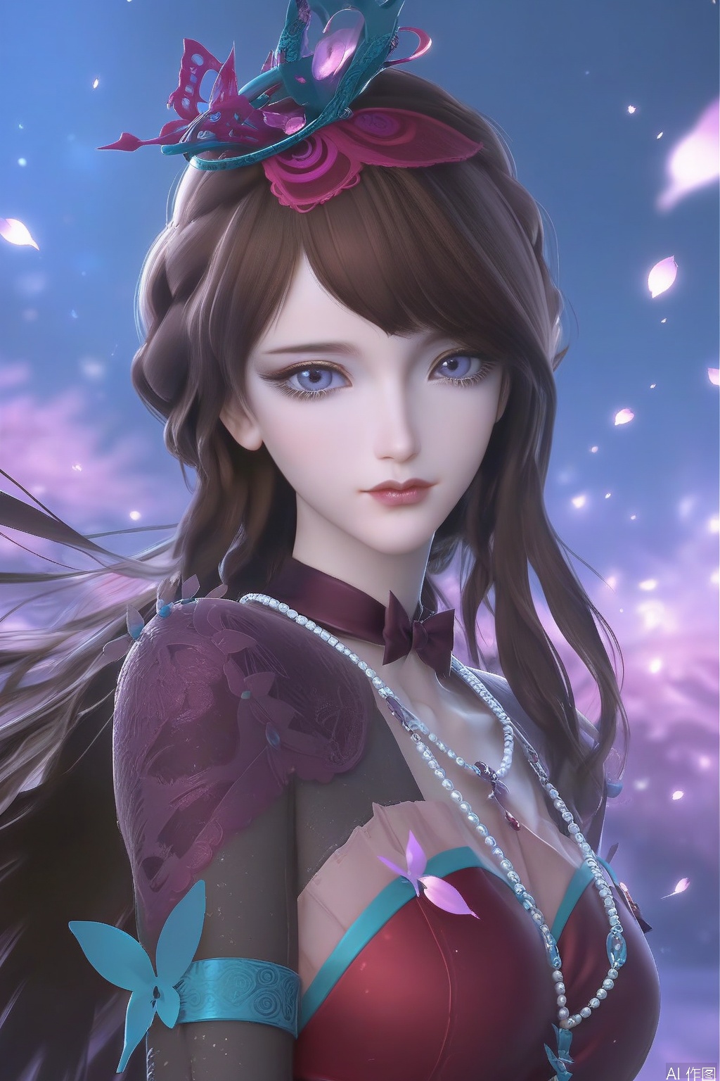 score_9,score_8_up,score_7_up,1girl,solo,hair ornament,looking at viewer,jewelry,breasts,long hair,brown hair,hair ornament,dress,blurry background,petals,bug,Starlight