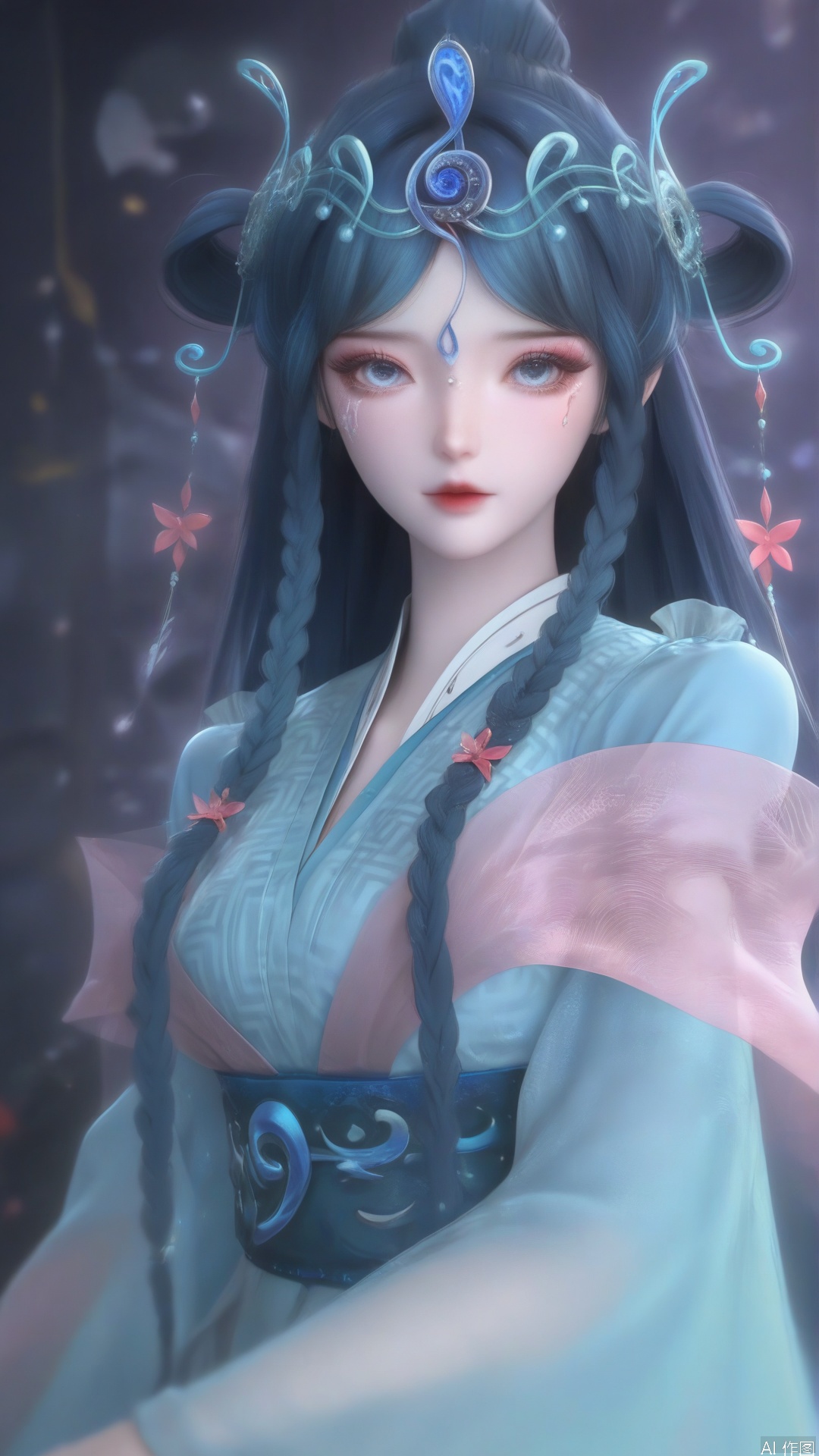 black theme,score_9,score_8_up,score_7_up,1girl,solo,long hair,looking at viewer,blue eyes,hair ornament,hair rings,,blue hair,braid,flower,twin braids,makeup,facial mark,forehead mark,flower,blue dress,chinese clothes,blurry background,music,Musical Symbol,multiple scars,scar,tears