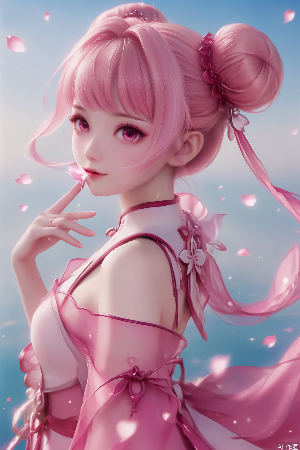 masterpiece, best quality, masterpiece,best quality,official art,extremely detailed CG unity 8k wallpaper,1girl,solo,long hair,looking at viewer,dress,pink hair,pink eyes,hair bun,double bun,pink dress,bangs,hair ornament,bare shoulders,chinese clothes,petals,petals,flower,legs,string around finger