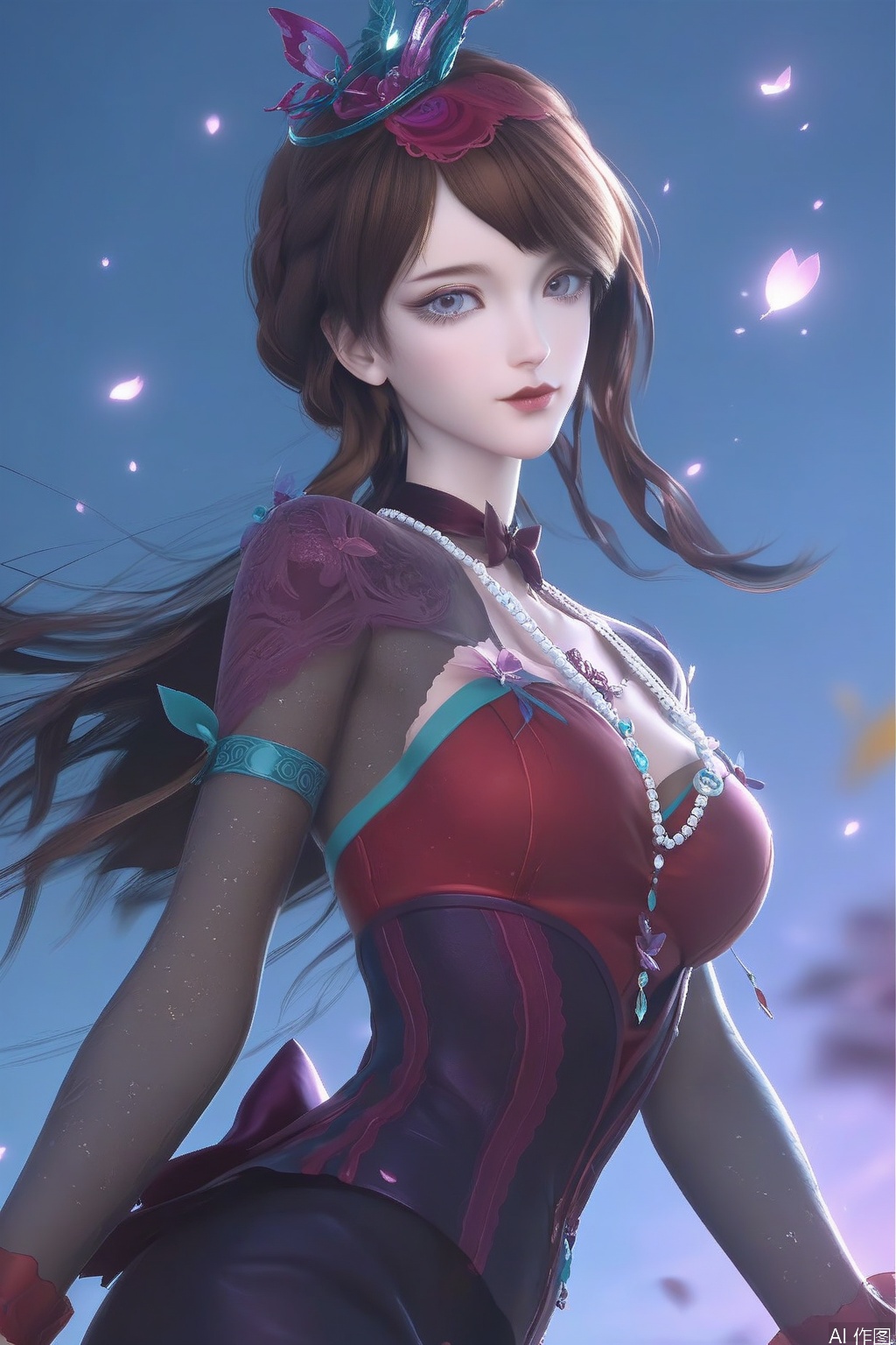 score_9,score_8_up,score_7_up,1girl,solo,hair ornament,looking at viewer,jewelry,breasts,long hair,brown hair,hair ornament,dress,blurry background,petals,bug,Starlight