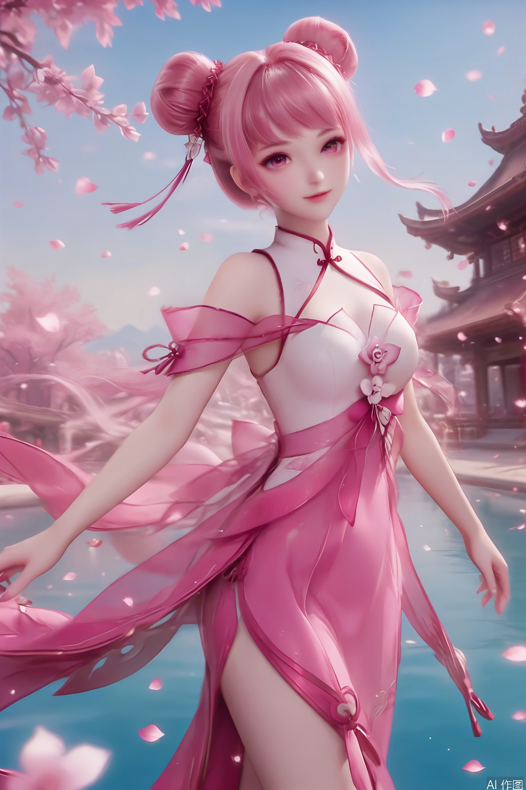 masterpiece, best quality, masterpiece,best quality,official art,extremely detailed CG unity 8k wallpaper,1girl,solo,long hair,looking at viewer,dress,pink hair,pink eyes,hair bun,double bun,pink dress,bangs,hair ornament,bare shoulders,chinese clothes,petals,petals,flower,legs