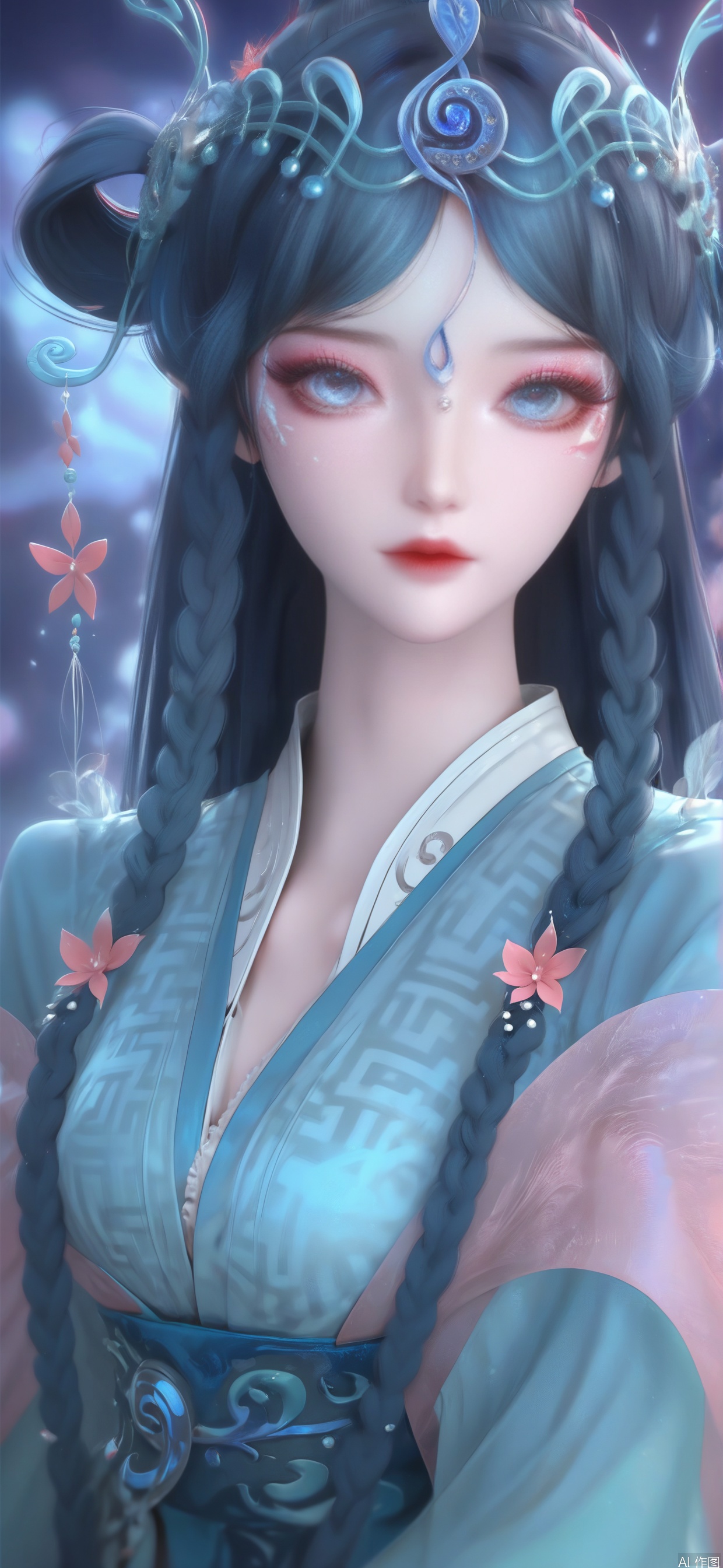 black theme,score_9,score_8_up,score_7_up,1girl,solo,long hair,looking at viewer,blue eyes,hair ornament,hair rings,,blue hair,braid,flower,twin braids,makeup,facial mark,forehead mark,flower,blue dress,chinese clothes,blurry background,music,Musical Symbol