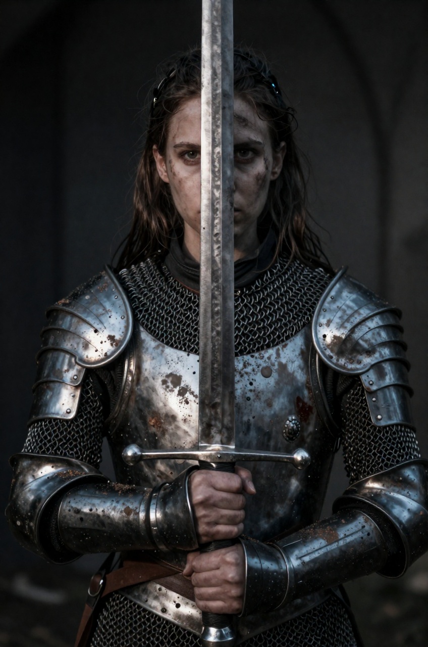 A battle-worn woman stands centered in a tight,  medium close-up,  gripping a weathered medieval longsword vertically so t...
