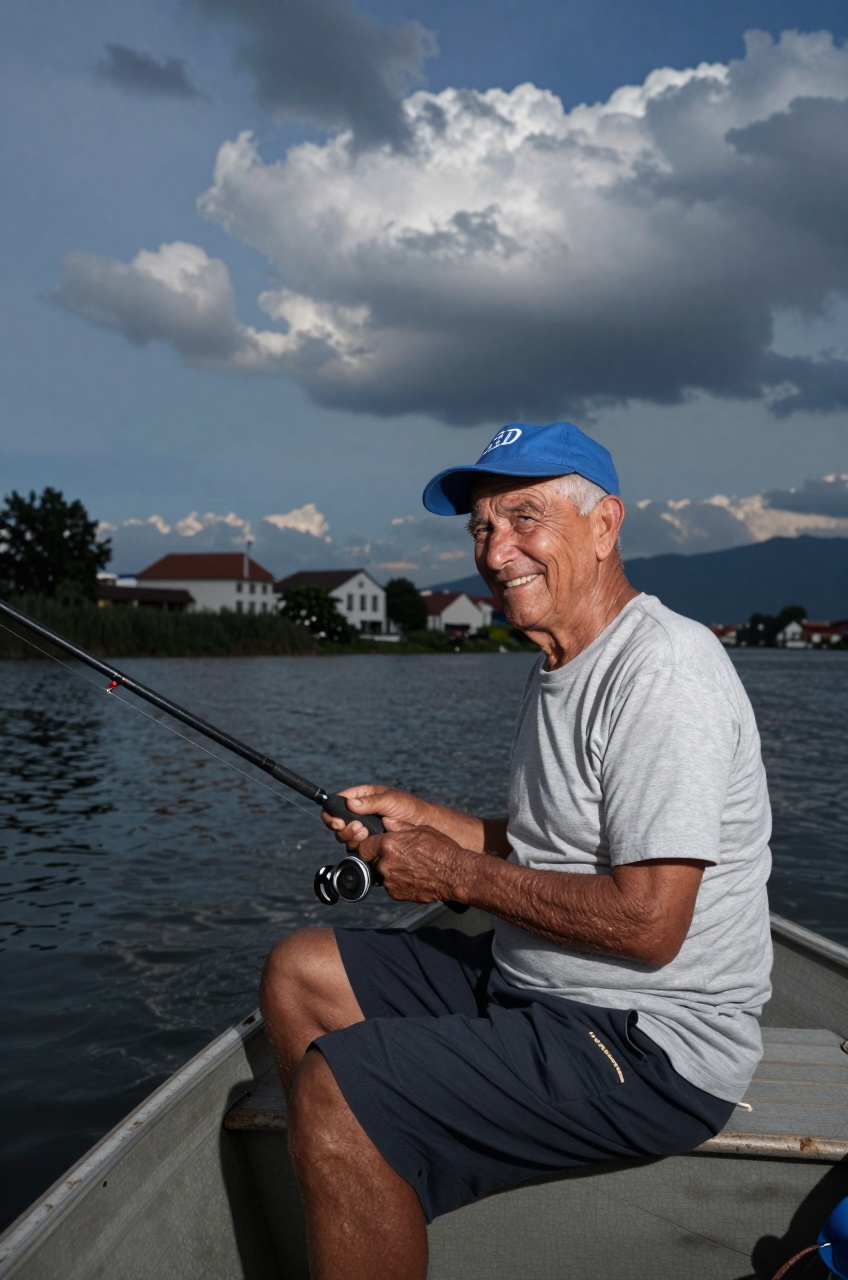 a happy old man,  sits on the boat. fishing,  blue cap on Tensor.Art