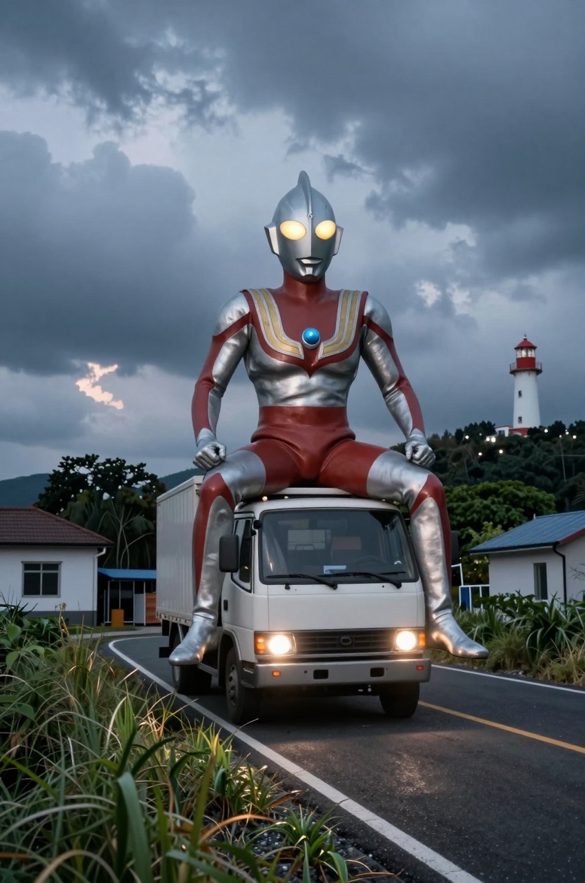 a colossal Ultraman loom behind the truck,  sits effortless,  truck behind the road on Tensor.Art