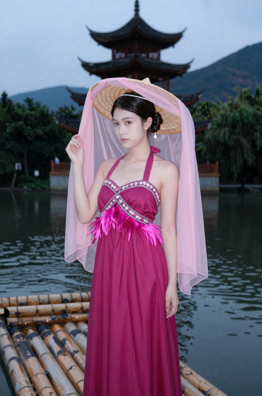 Captured from a medium full-shot perspective,  this image features a young woman standing elegantly on a bamboo raft,  her...