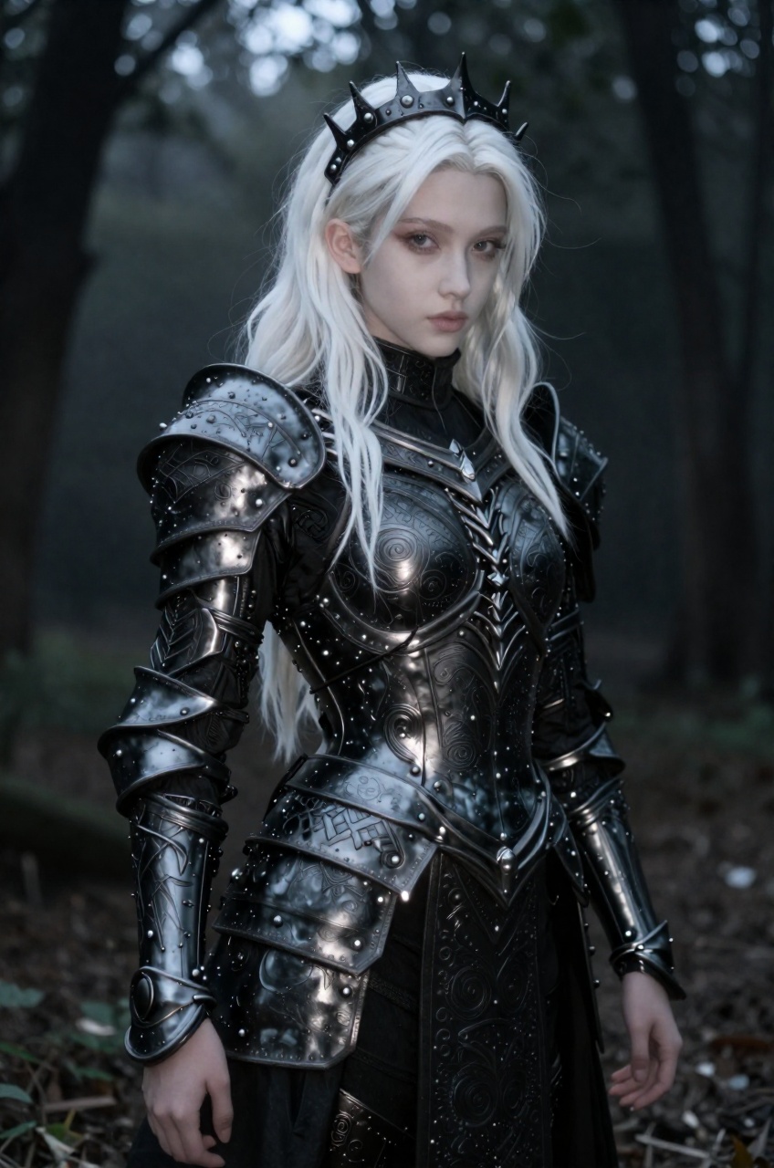 Captured with a sharp,  medium-shot perspective,  this image features a high-fantasy gothic subject characterized by her s...