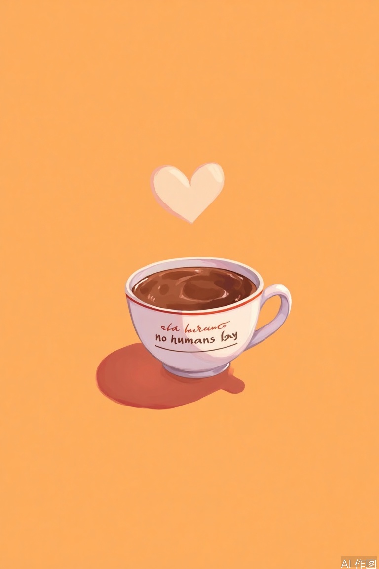 simple background, heart, artist name, english text, cup, no humans, shadow, orange background, coffee