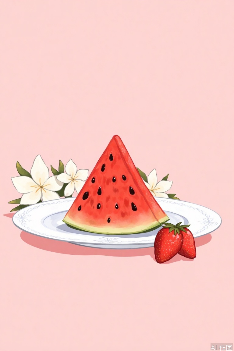 simple background, flower, food, no humans, fruit, pink background, white flower, plate, strawberry, watermelon, food focus, still life