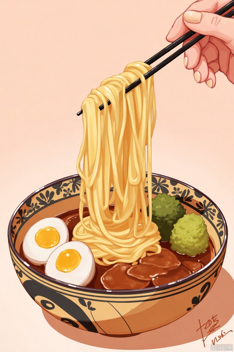 food, no humans, bowl, chopsticks, egg, noodles, food focus, egasumi, ramen, still life, egg \(food\), seigaiha, soup