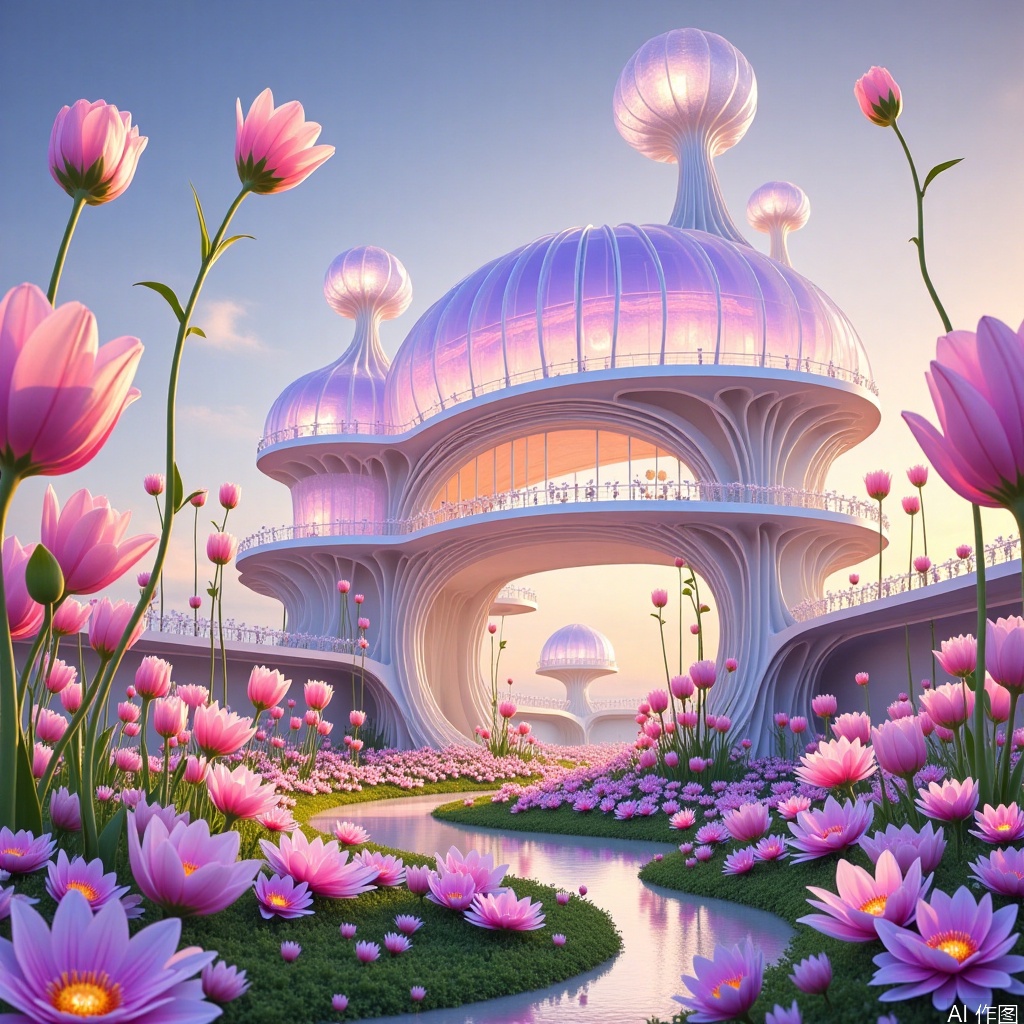 Magical architecture, Alternate dimension view, hair flower, Landscape illustration, Minimalist and small fresh.