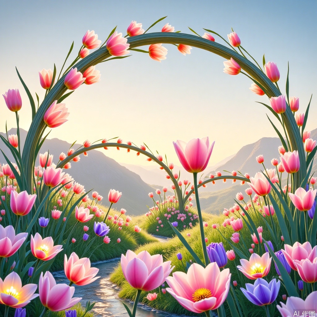 Alternate dimension view,hair flower,Landscape illustration,Minimalist and small fresh.