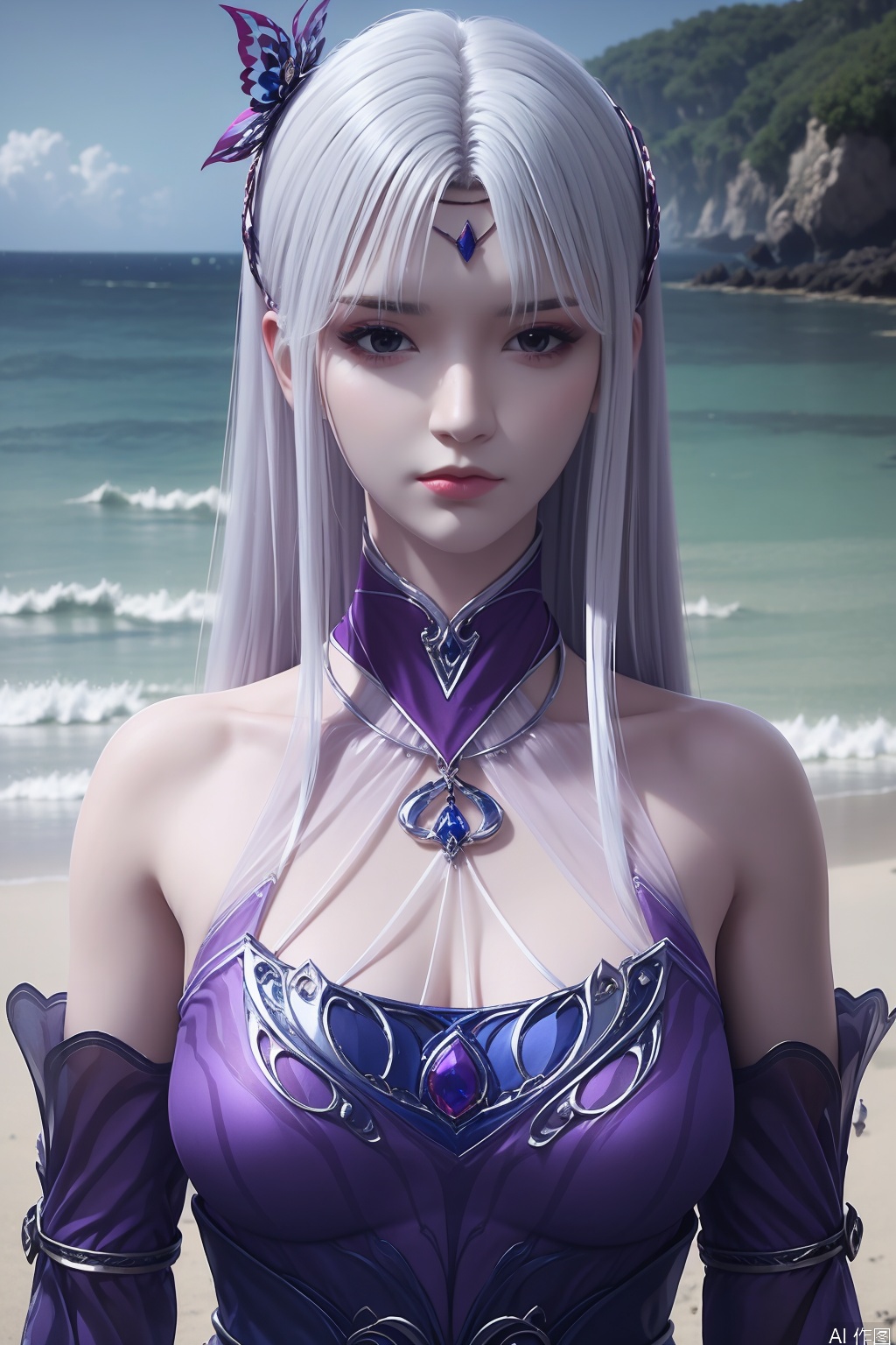 1girl, solo, long hair, hair ornament, dress, bare shoulders, white hair, detached sleeves, purple dress, masterpiece,best quality,official art,extremely detailed CG unity 8k wallpaper,upper body,looking at viewer,on the beach,