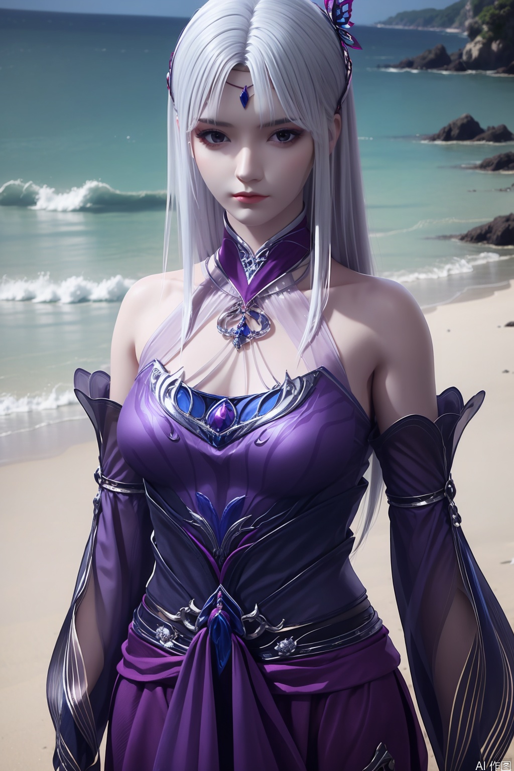 1girl, solo, long hair, hair ornament, dress, bare shoulders, white hair, detached sleeves, purple dress, masterpiece,best quality,official art,extremely detailed CG unity 8k wallpaper,upper body,looking at viewer,on the beach,