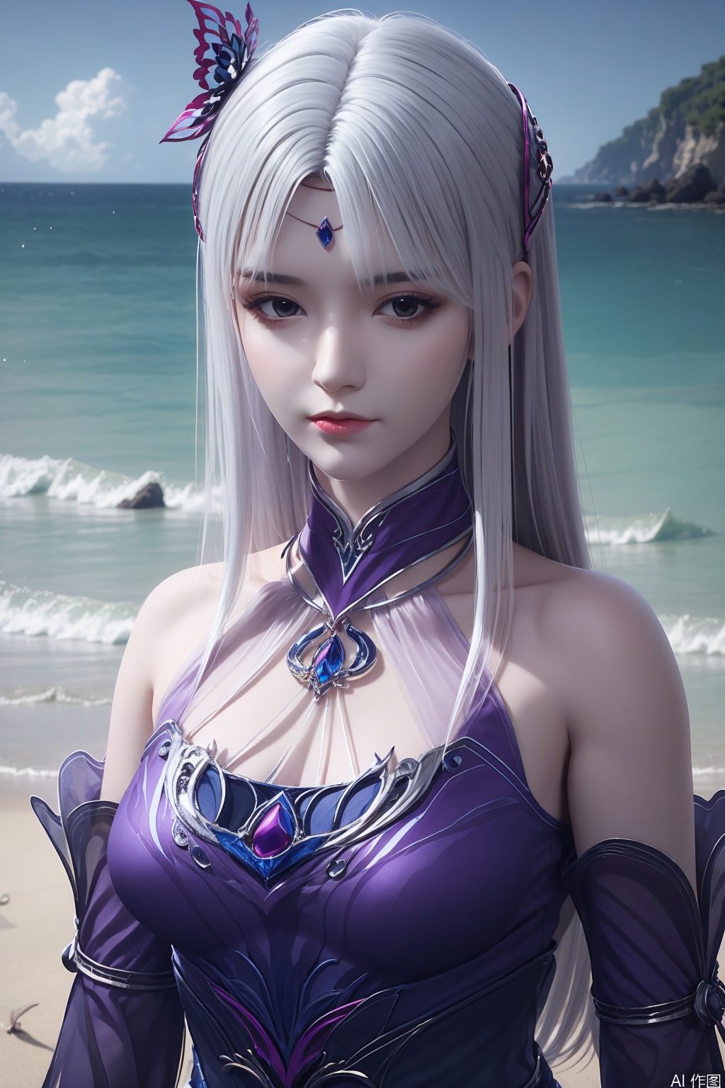 1girl, solo, long hair, hair ornament, dress, bare shoulders, white hair, detached sleeves, purple dress, masterpiece,best quality,official art,extremely detailed CG unity 8k wallpaper,upper body,looking at viewer,on the beach,