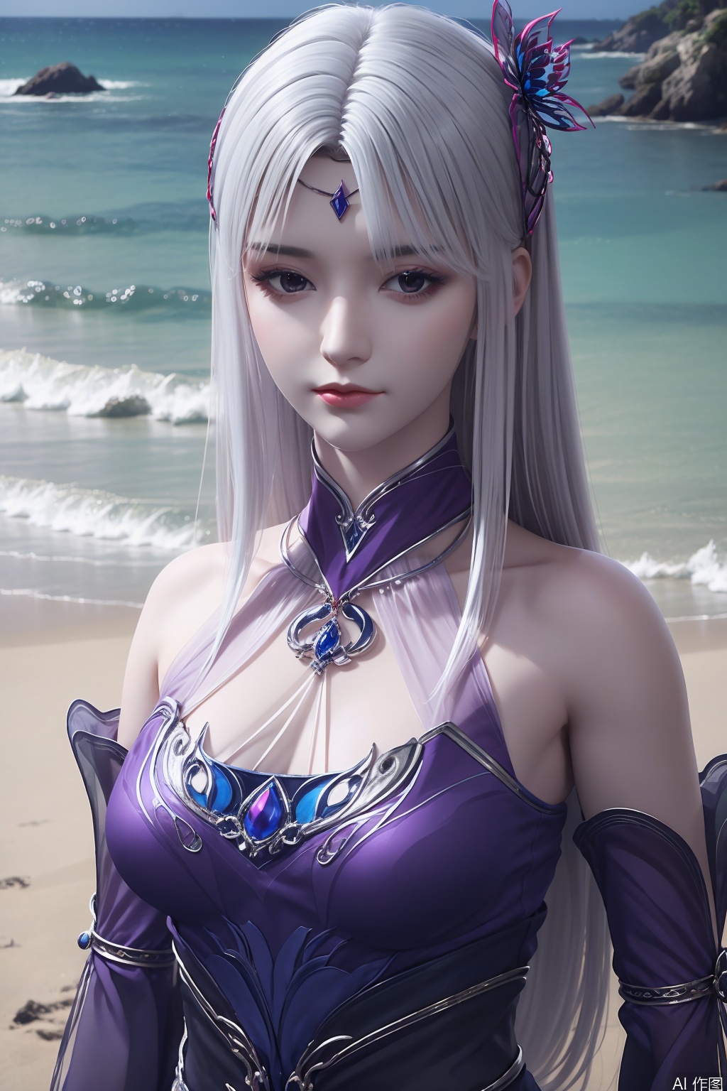 1girl, solo, long hair, hair ornament, dress, bare shoulders, white hair, detached sleeves, purple dress, masterpiece,best quality,official art,extremely detailed CG unity 8k wallpaper,upper body,looking at viewer,on the beach,