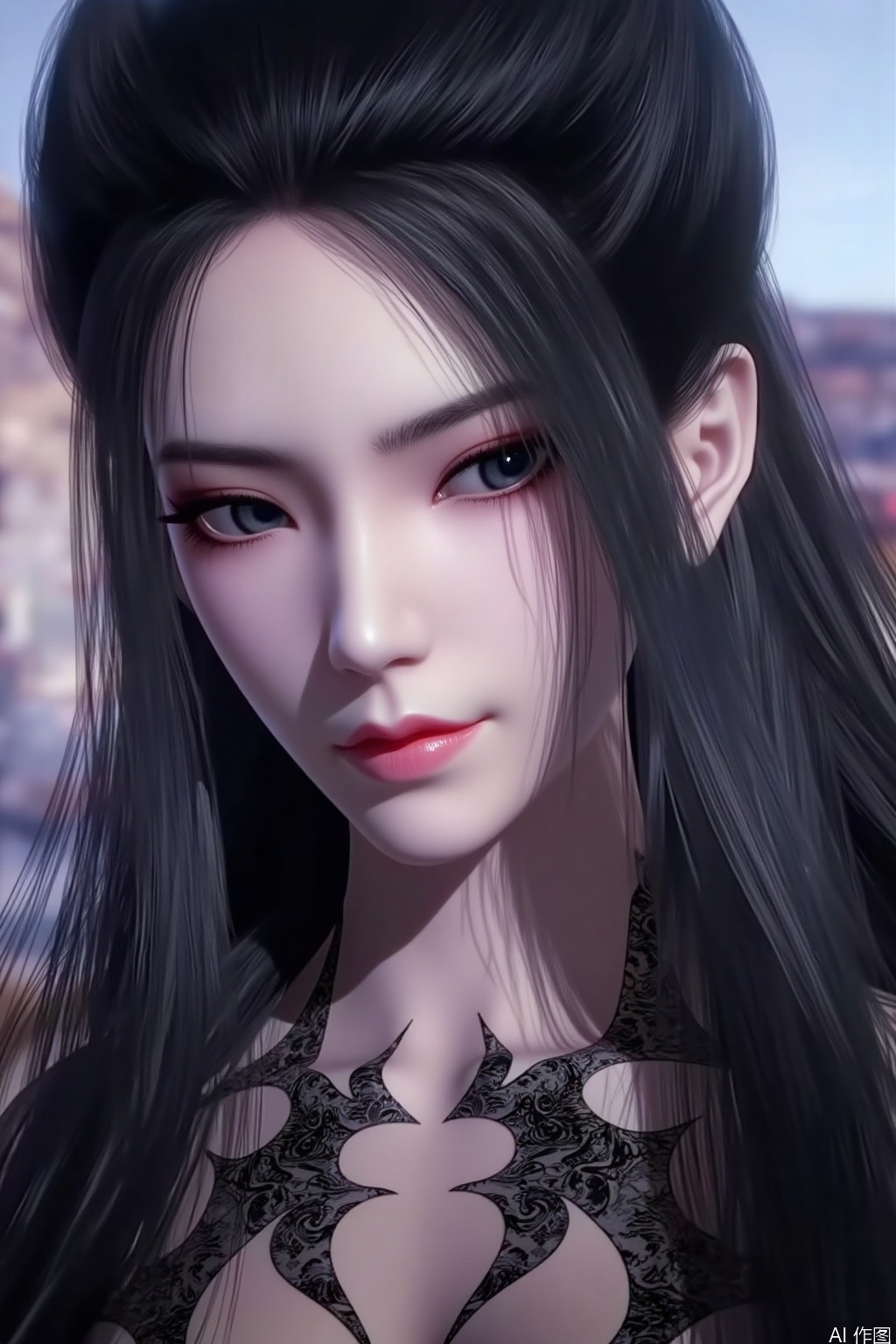 1girl, long hair, looking at viewer, black hair, closed mouth, upper body, earrings, lips, makeup, 